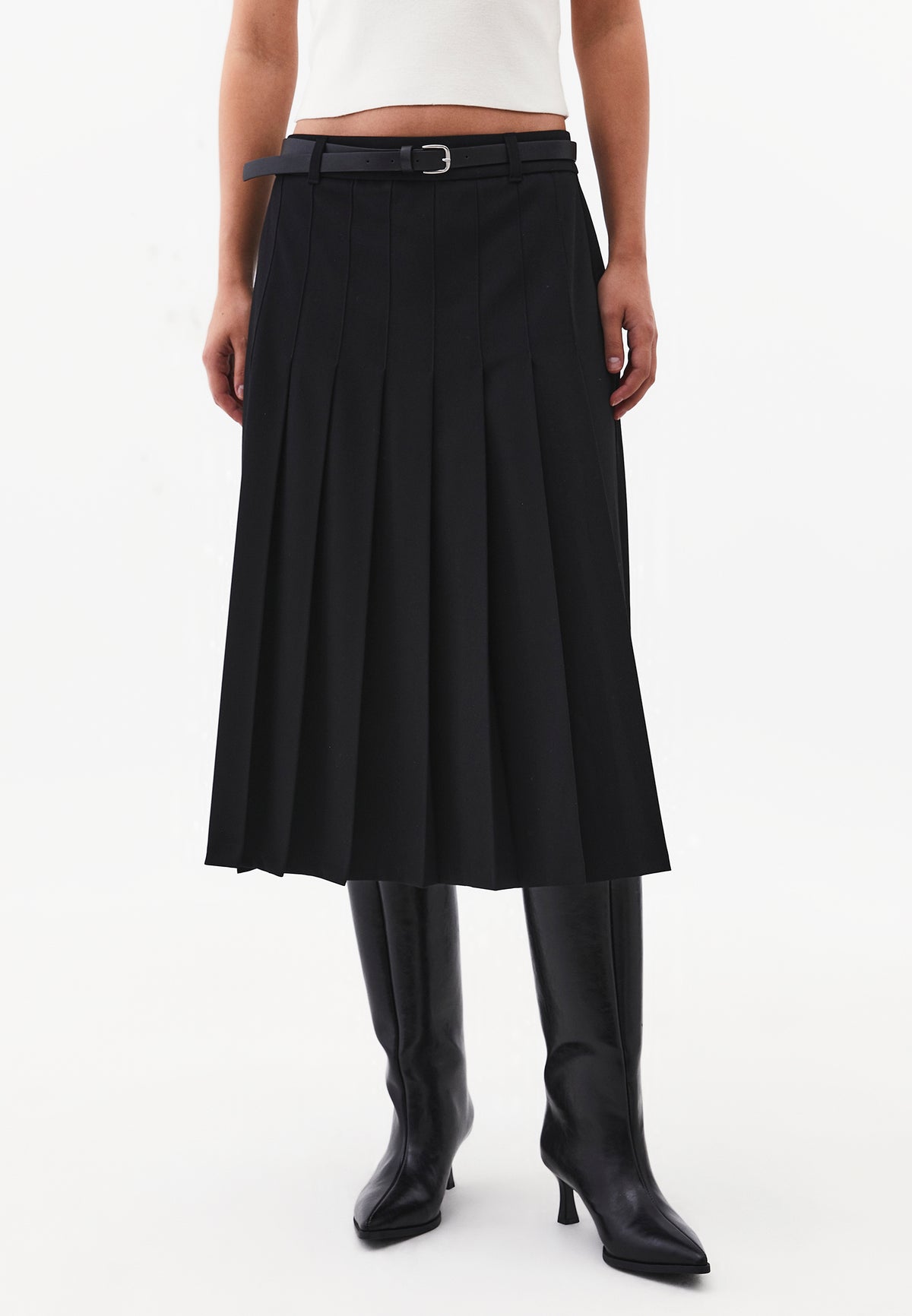 Pleated Midi Skirt with Belt Detail - BLACK