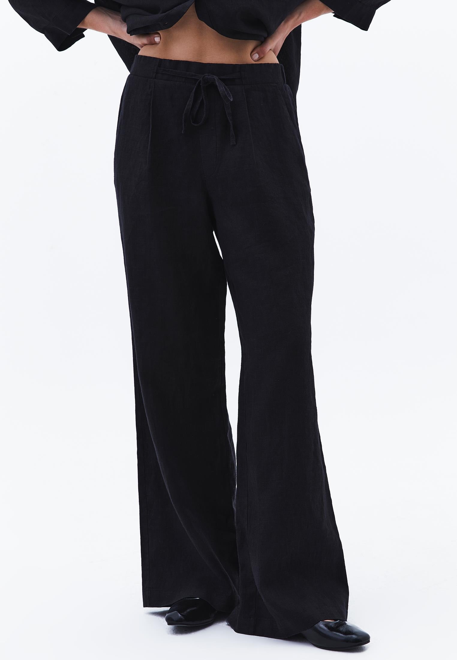 High Waist Belted Linen Wide Leg Pants - BLACK
