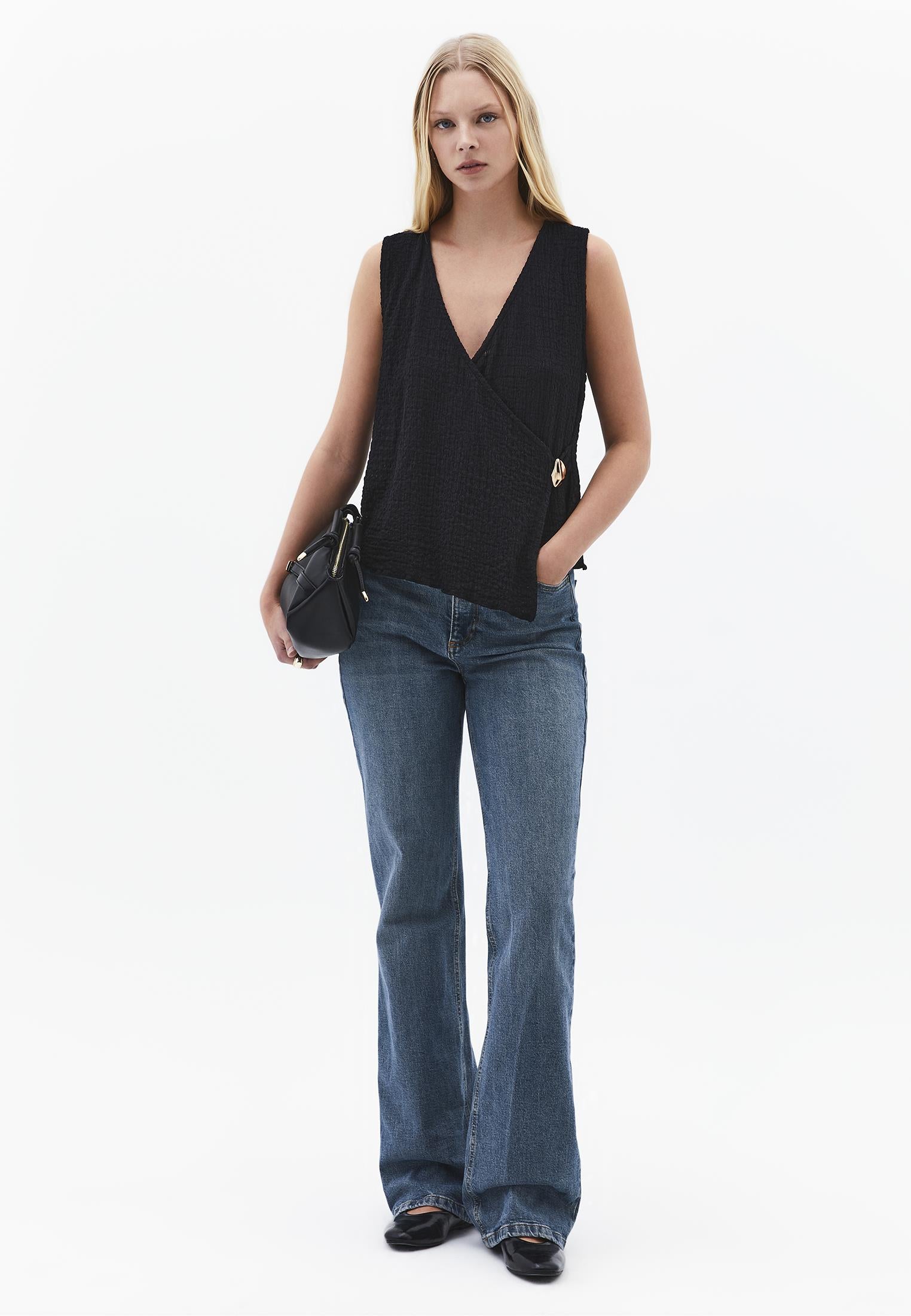 V Neck Blouse Without Sleeve Detail - BLACK