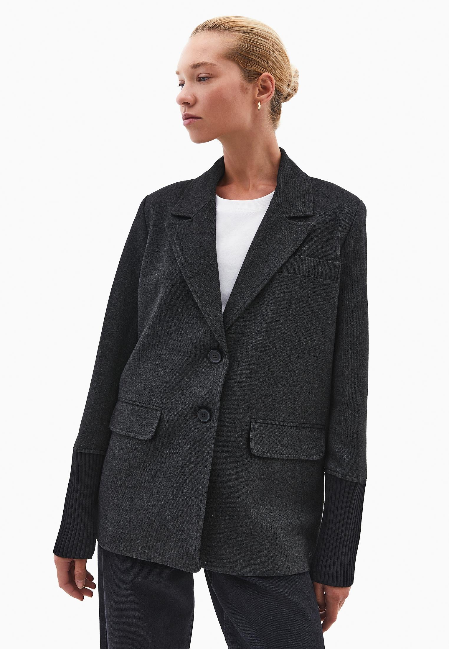 Double-Breasted Long-Sleeve Blazer Jacket - BLACK