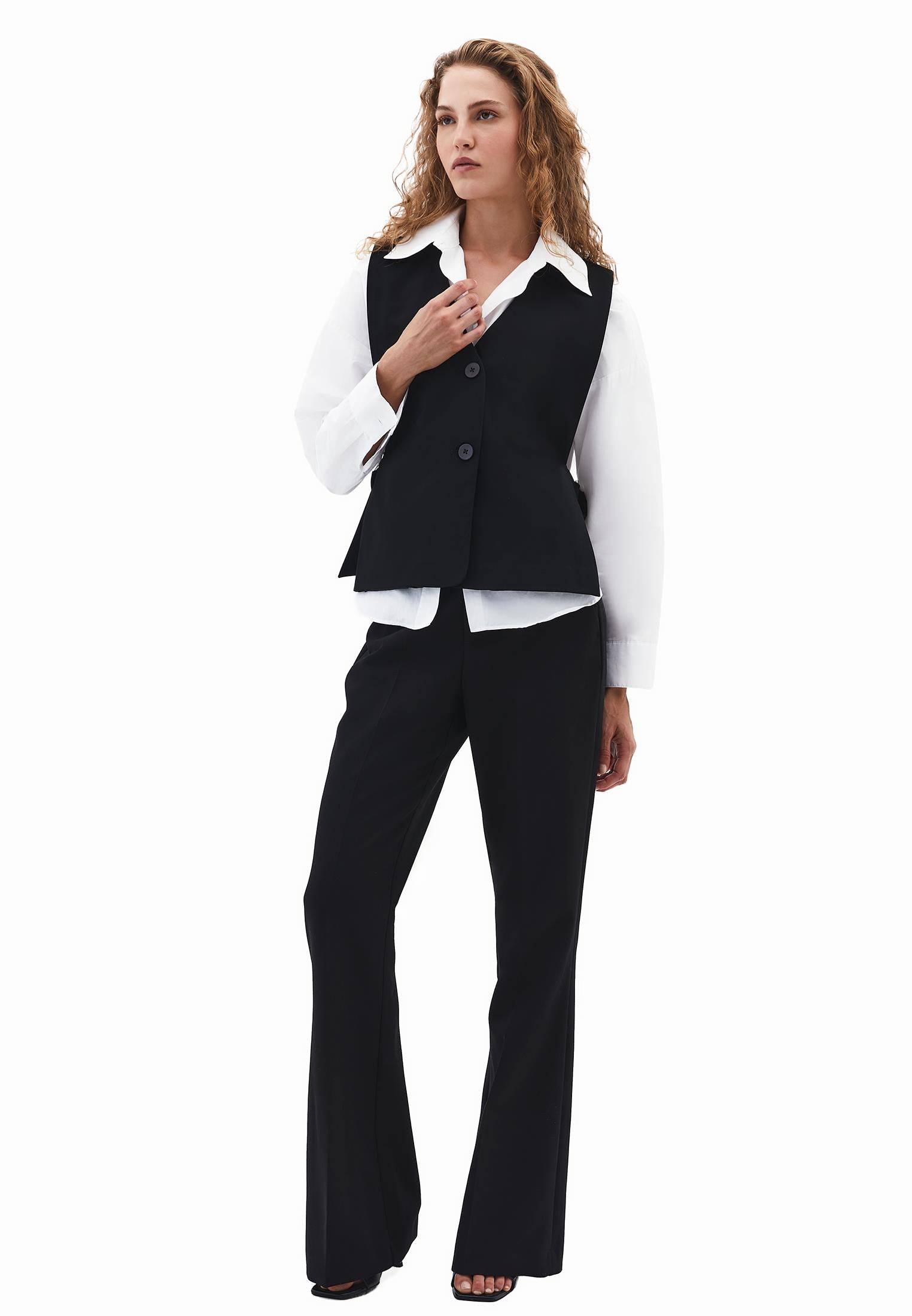 Vest With Buckle Detail V Neck - BLACK