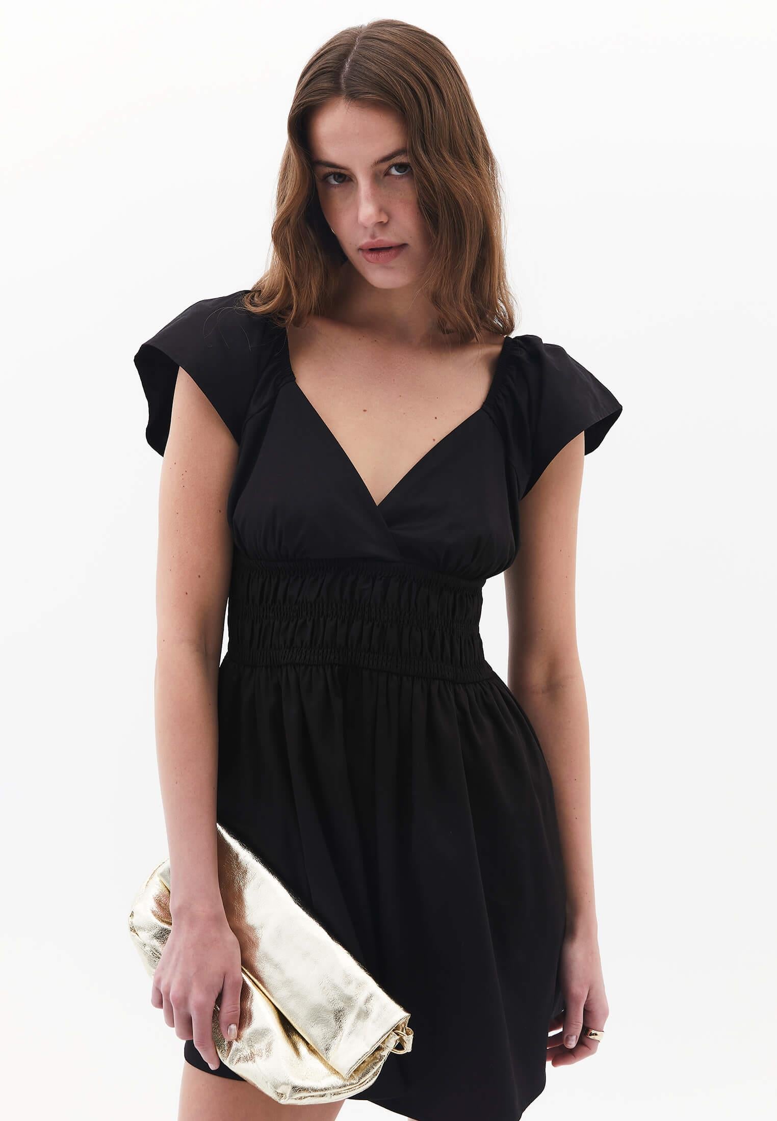 Short V Neck Smocked Dress - BLACK