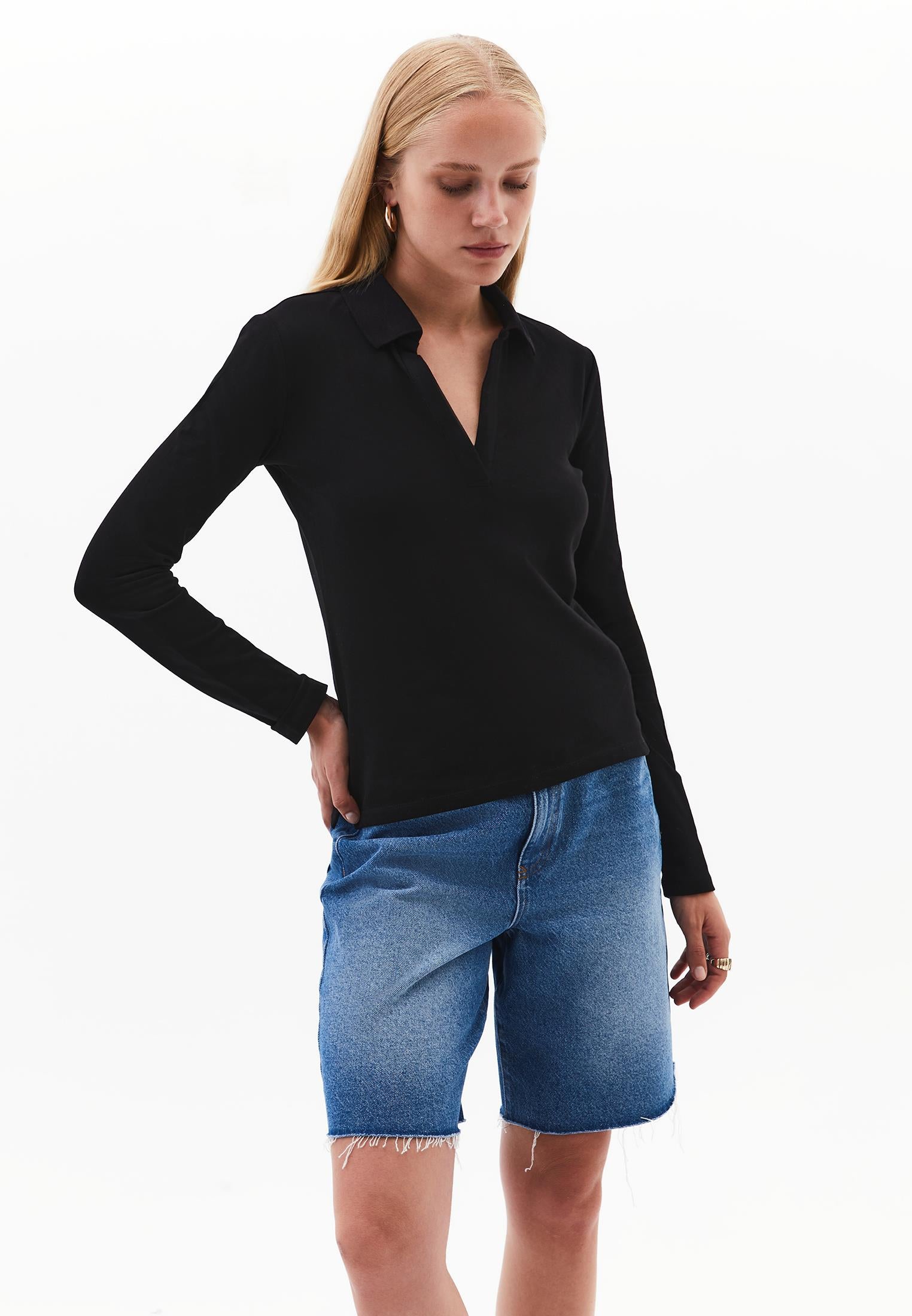 Standard Polo Collar T-Shirt With Slit Detail - BLACK
