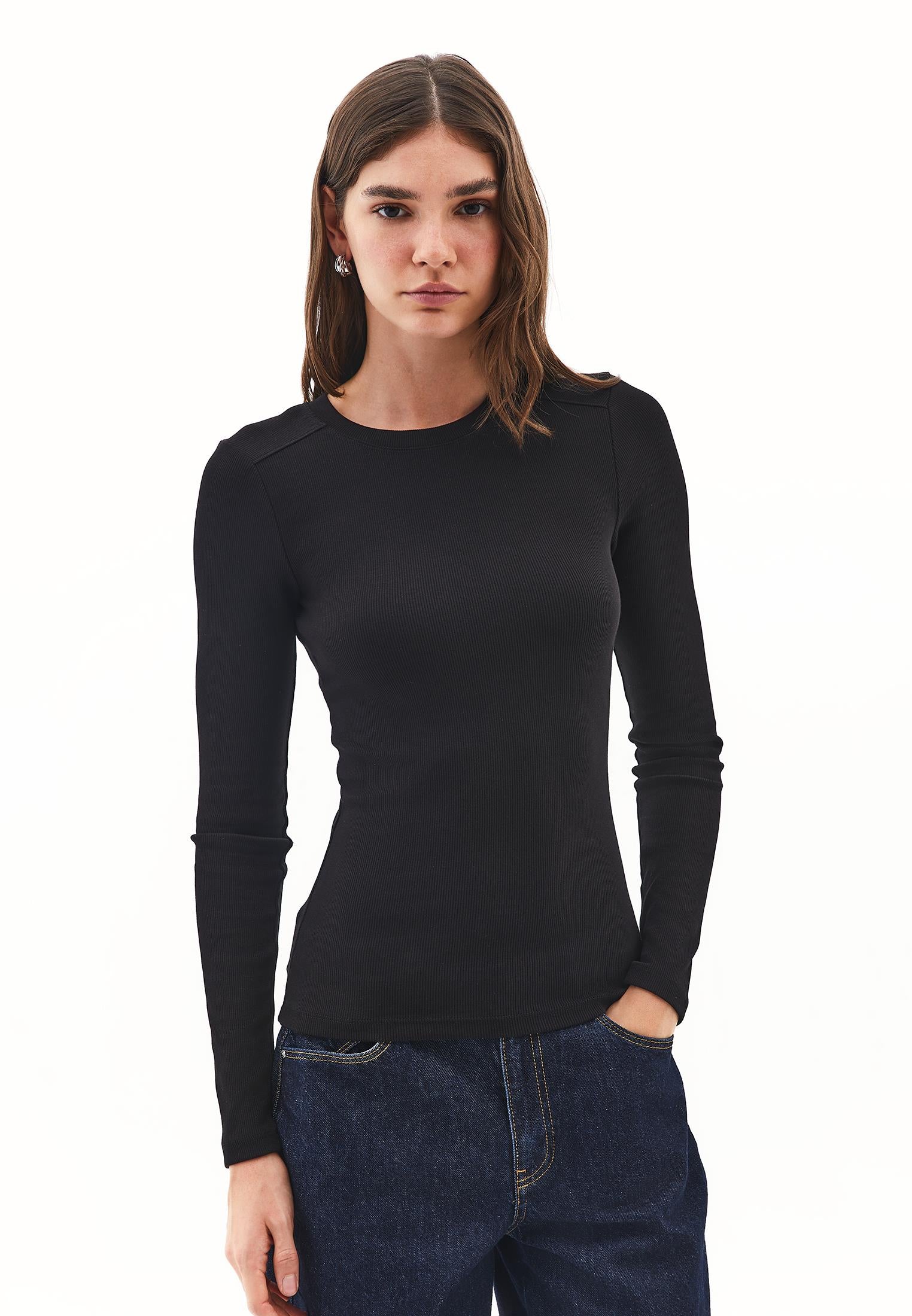 Crew Neck Long Sleeve Bodycon T-Shirt - BLACK