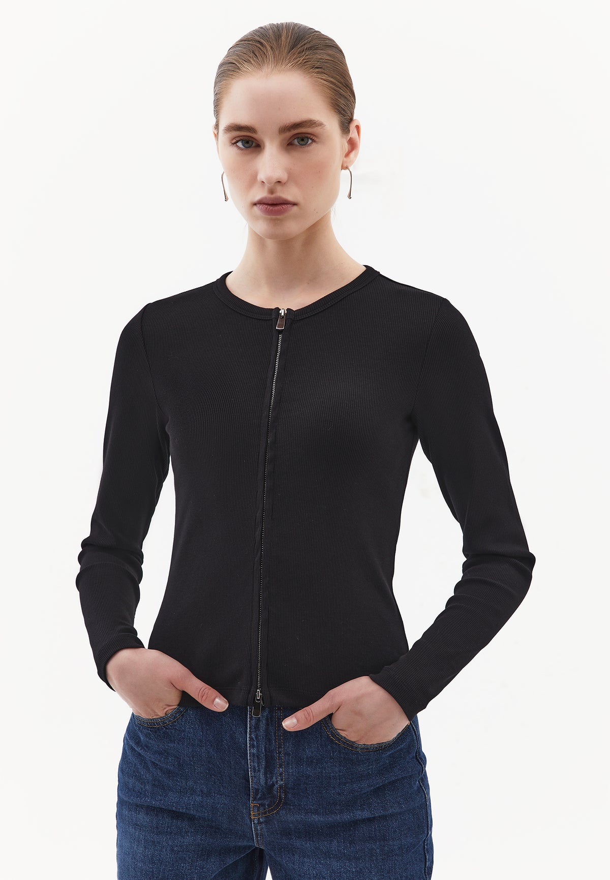 Crew Neck Long Sleeve Zip Detailed Bodycon T-Shirt - BLACK