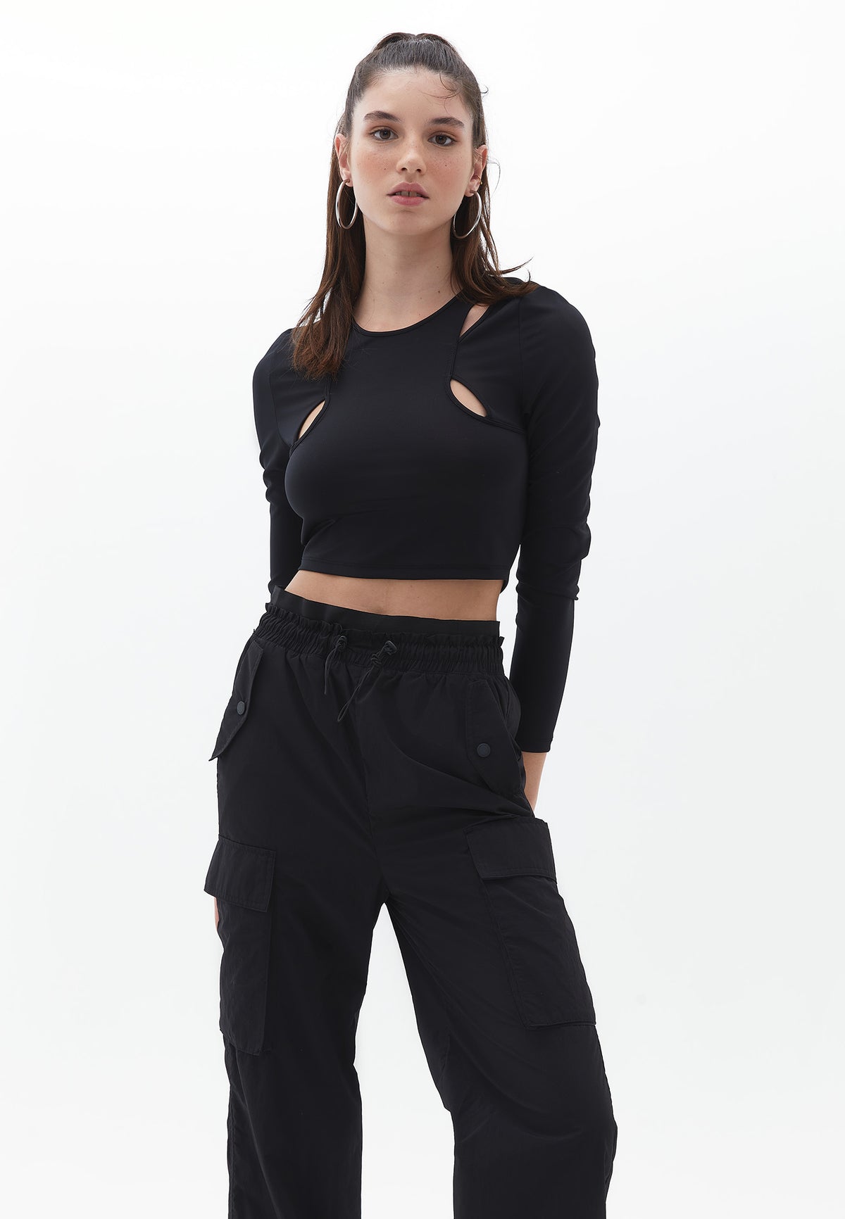 Asymmetric Neck Long Sleeve Cropped T-Shirt - BLACK