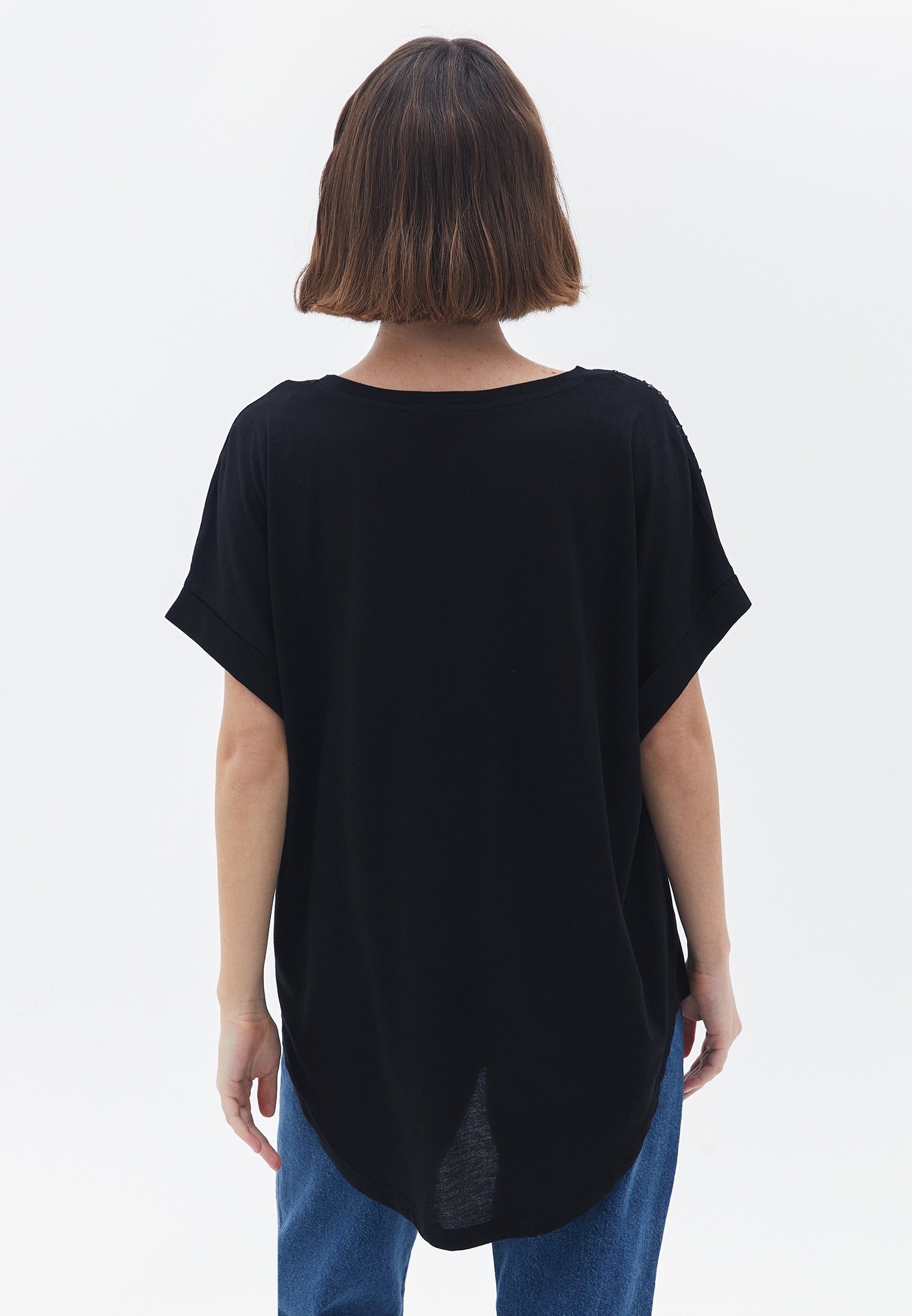 Stone Detailed Oversize Tunic T-Shirt - BLACK