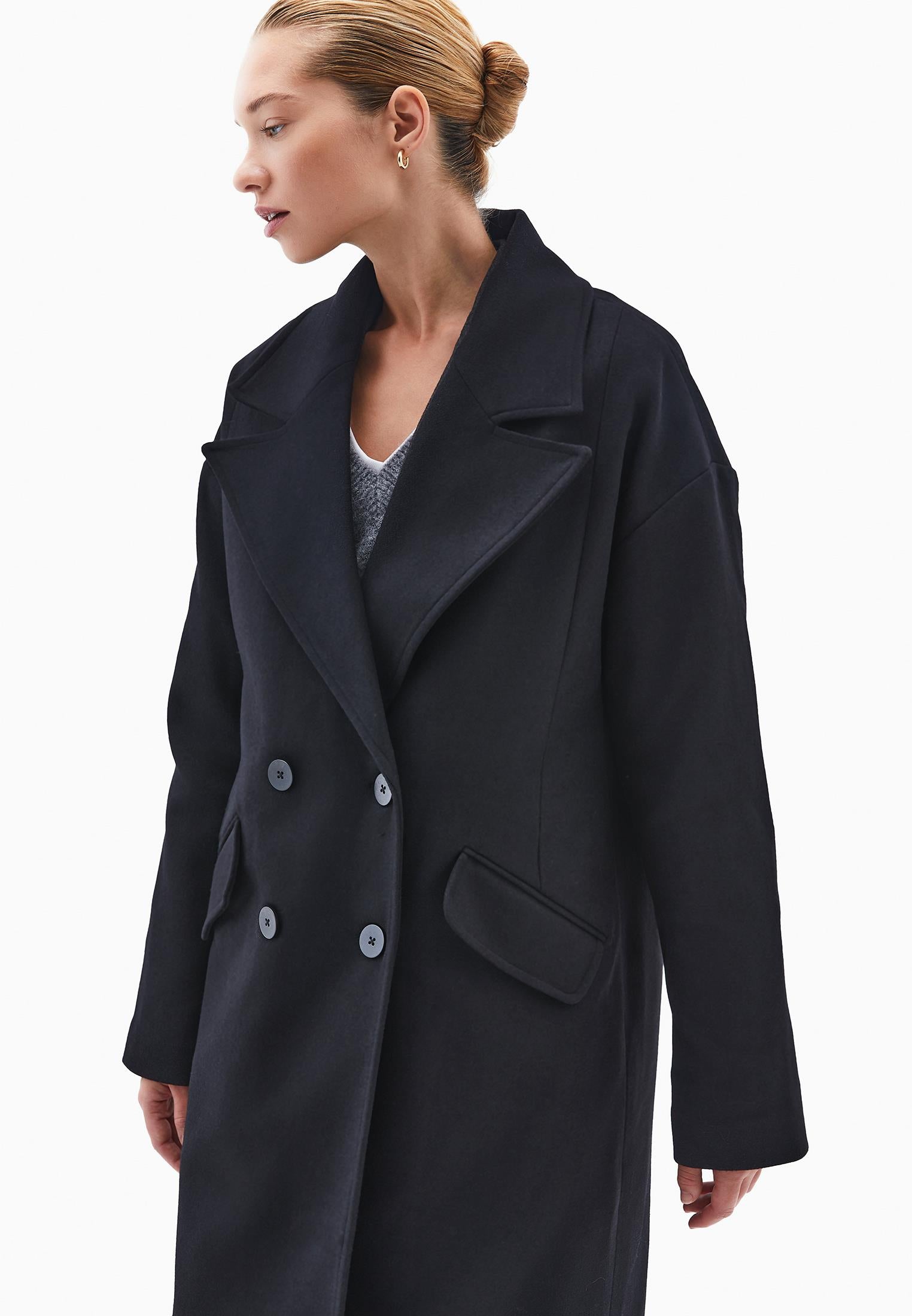 Long Coat With Shawl Collar And Pocket Details - BLACK