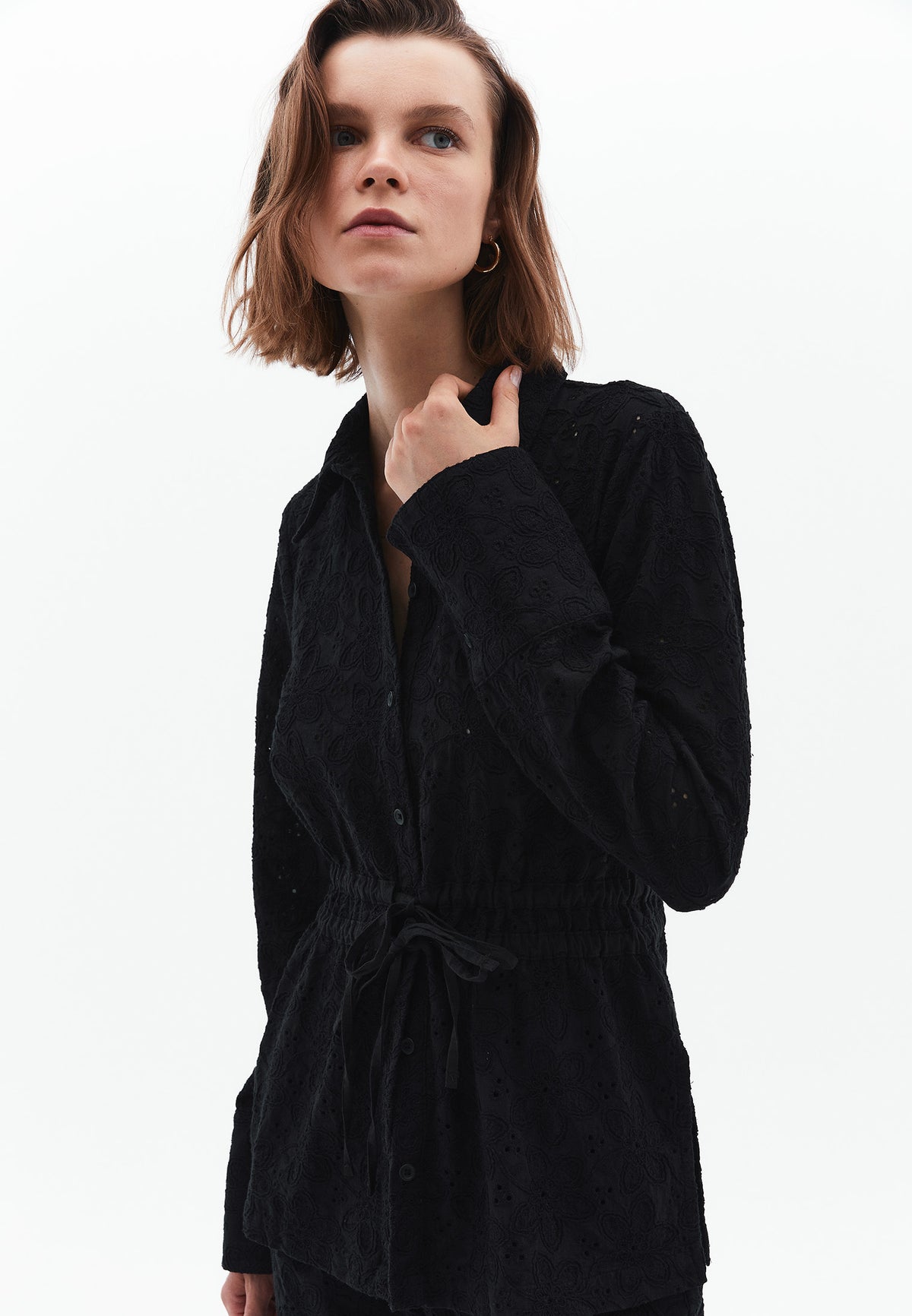 Embroidered And Shirred Long Sleeve Shirt - BLACK