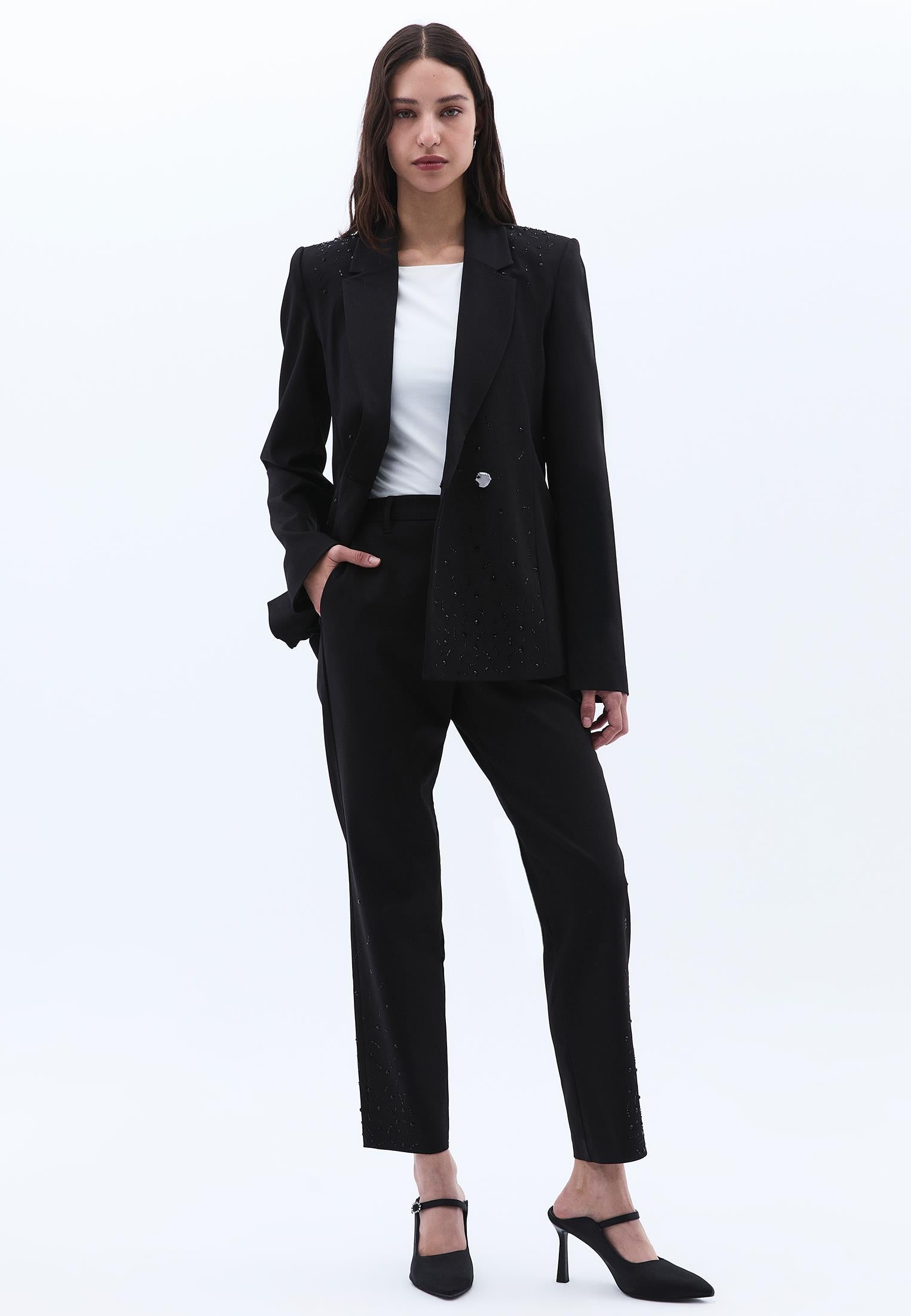 Shawl Collar Woven Blazer - BLACK