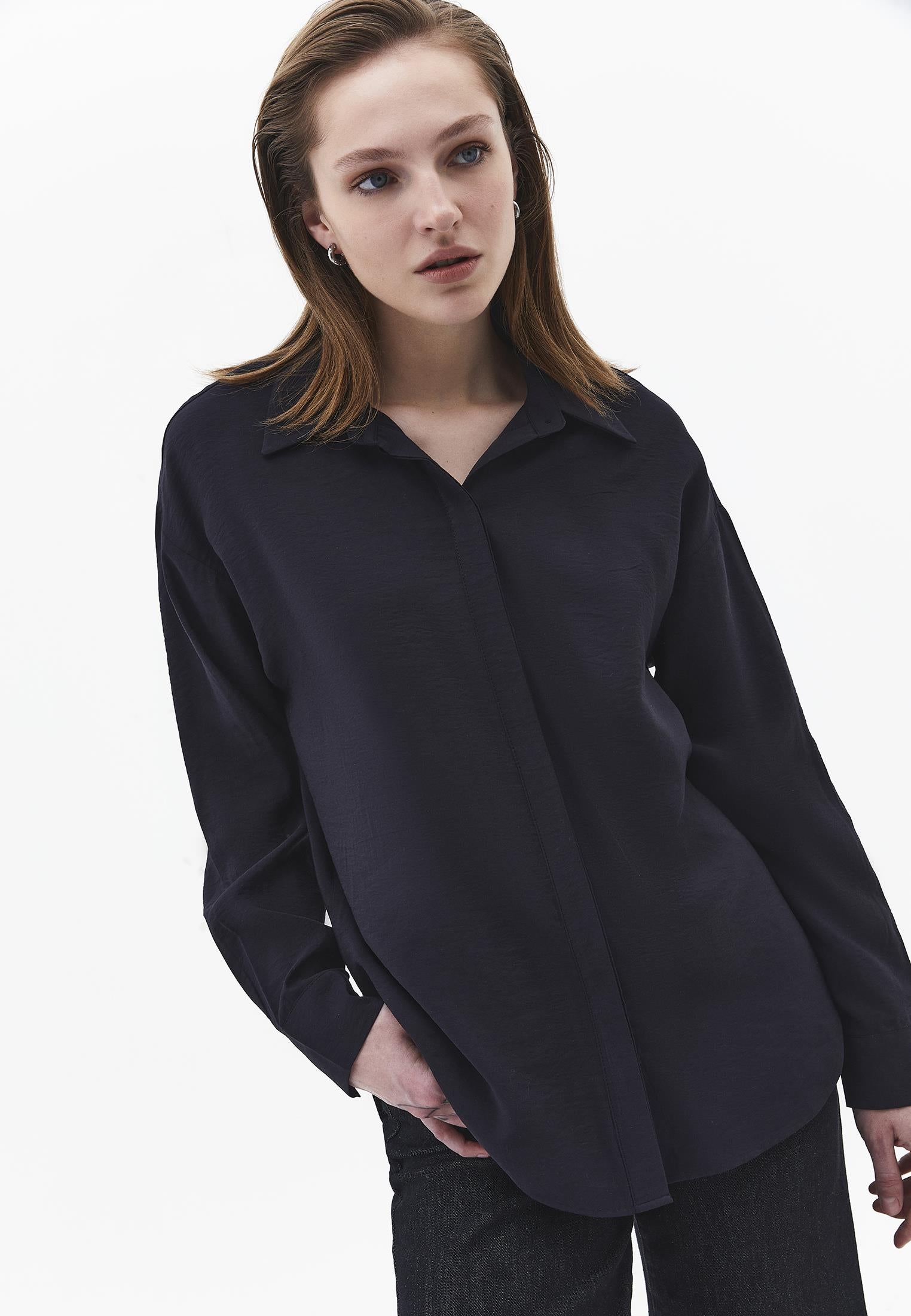 Oversize Long Sleeve Buttoned Shirt - BLACK