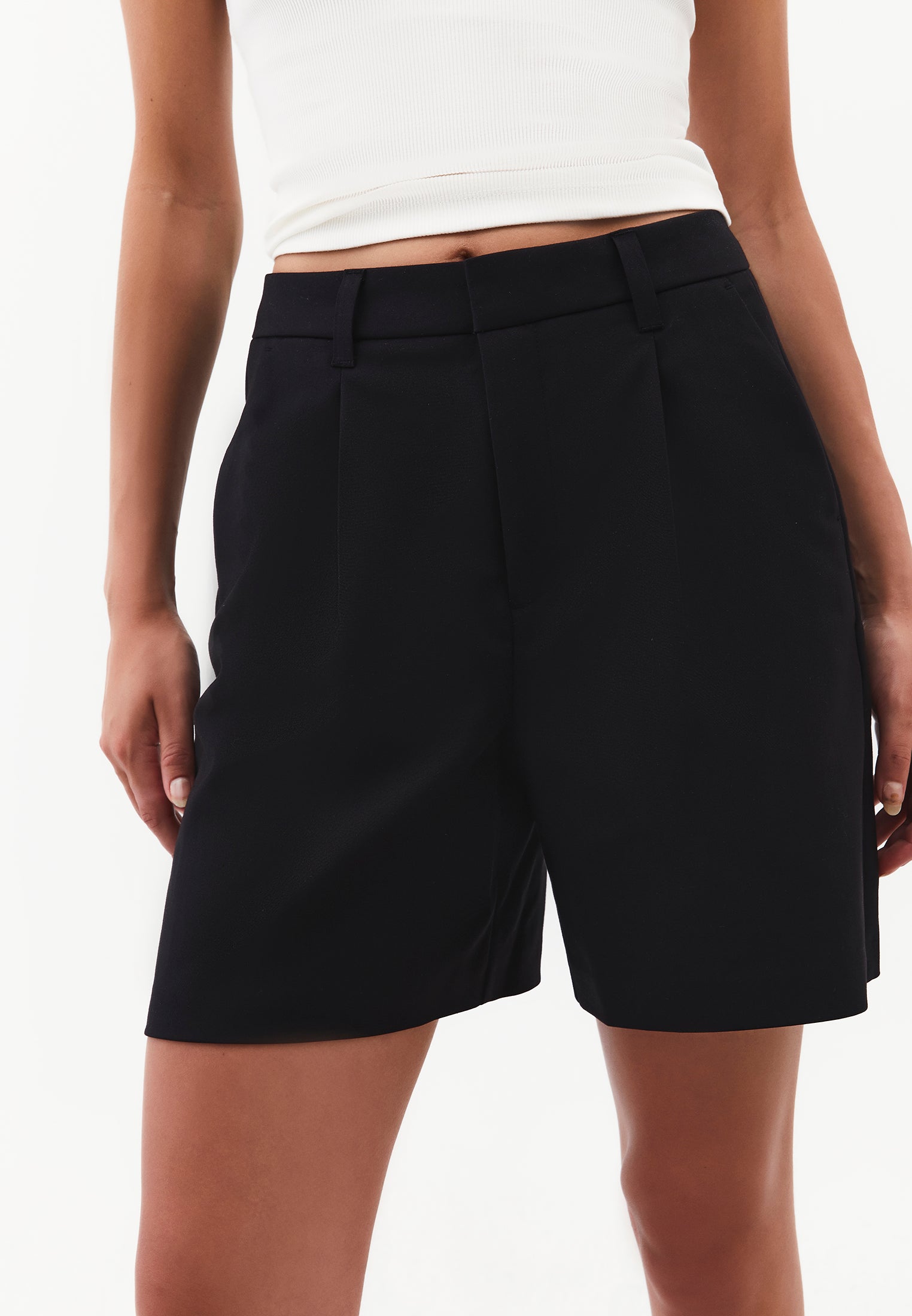 High Waist Shorts with Pleated Details - BLACK
