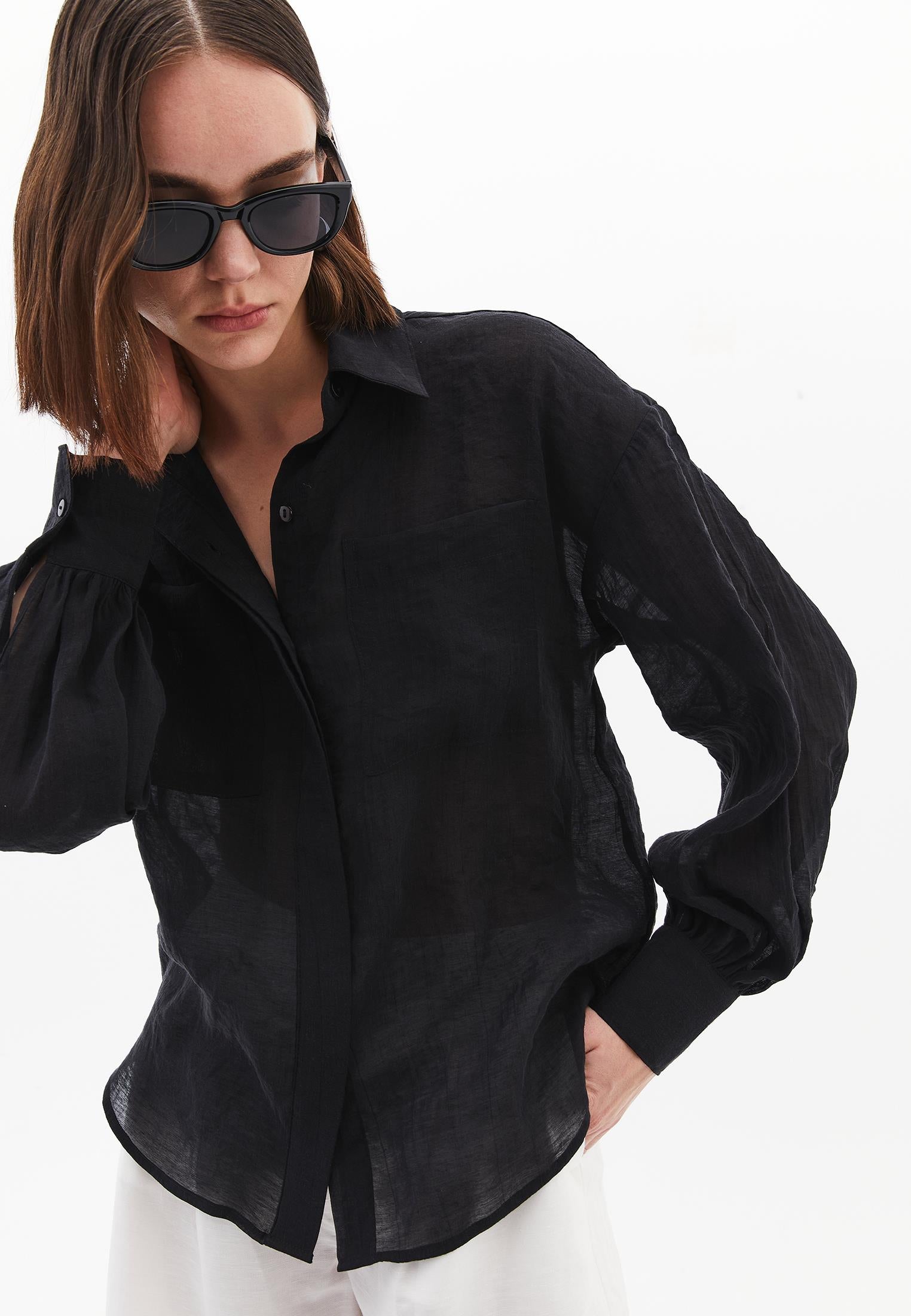 Loose Fit Long Sleeve Buttoned Shirt - BLACK