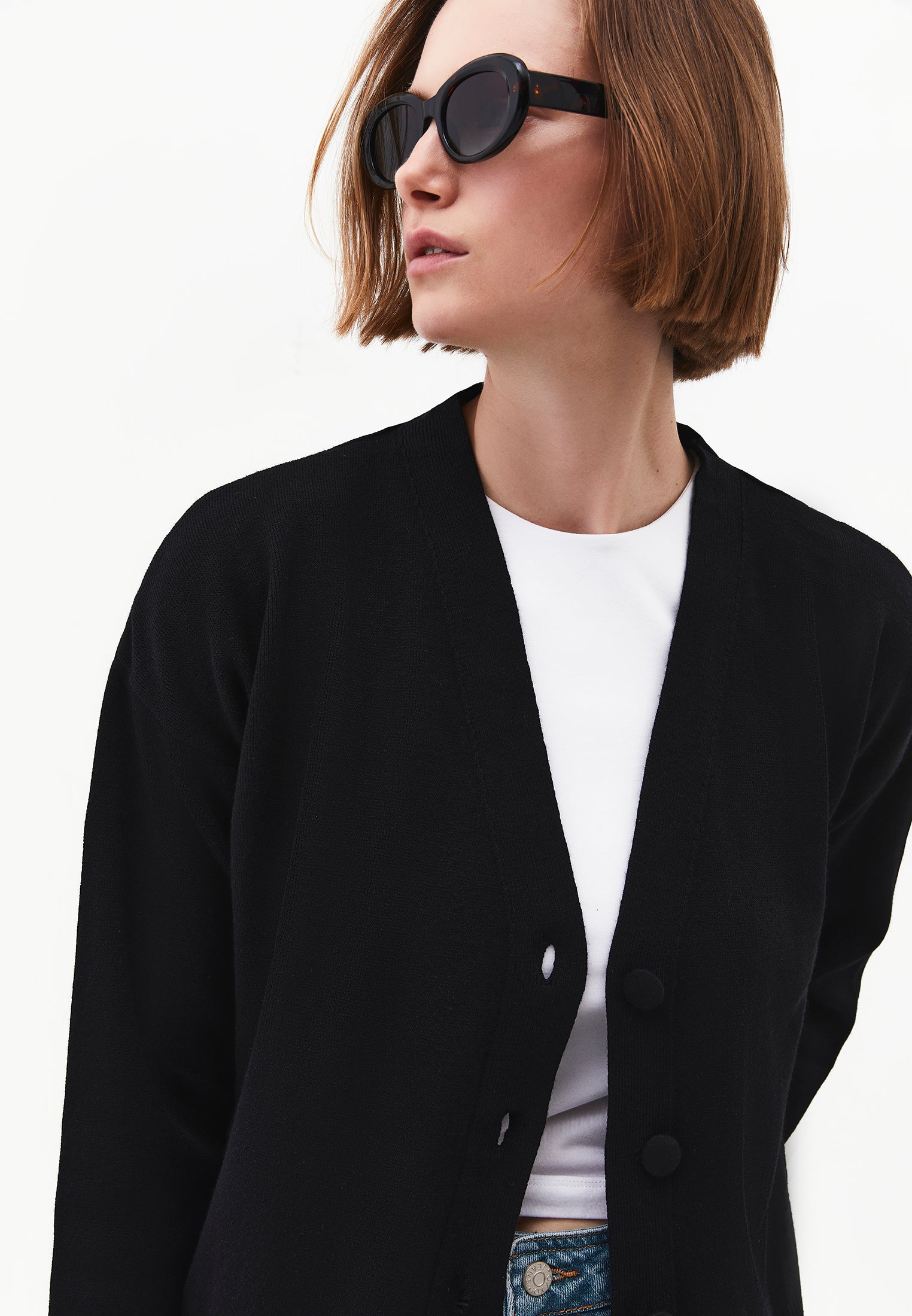 V-Neck Long Sleeve Cardigan - BLACK