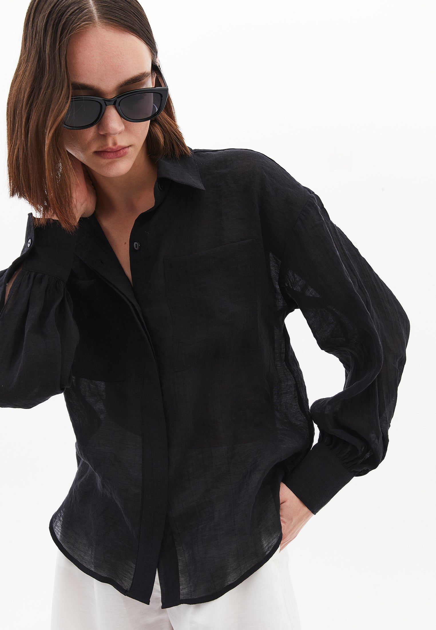 Loose Fit Long Sleeve Buttoned Shirt - BLACK