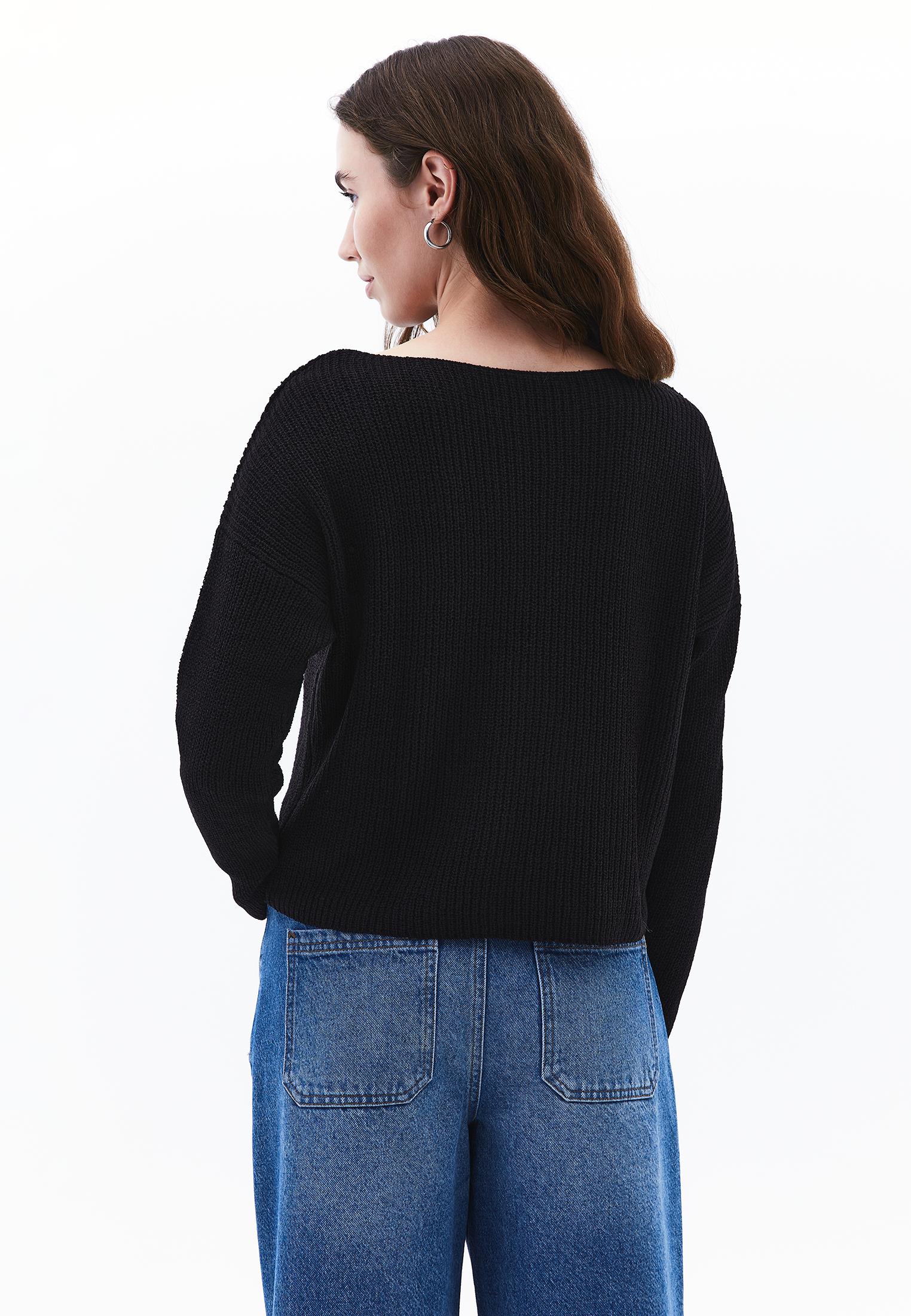 Boat Neck Long Sleeve Sweater - BLACK