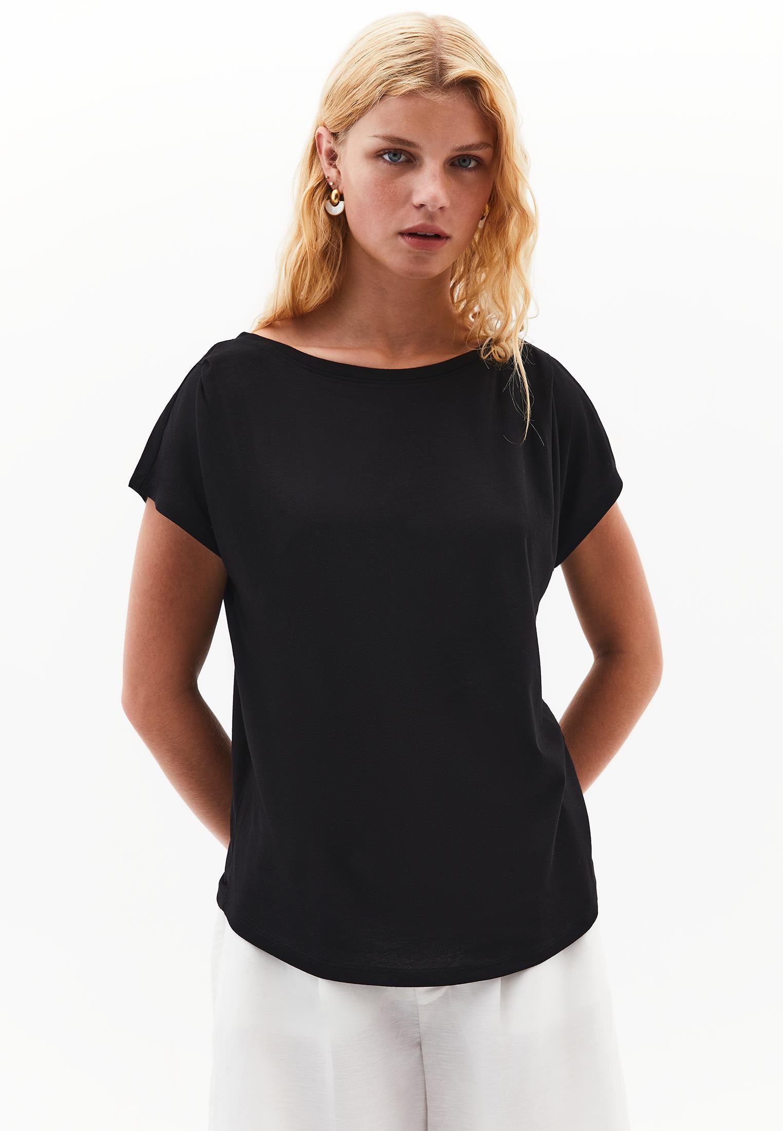 Boat Neck Short Sleeve T-Shirt - BLACK