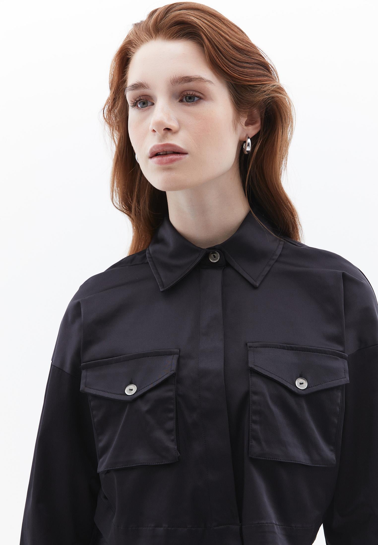 Cropped Shirt With Pocket Detail And Loose Fit - BLACK
