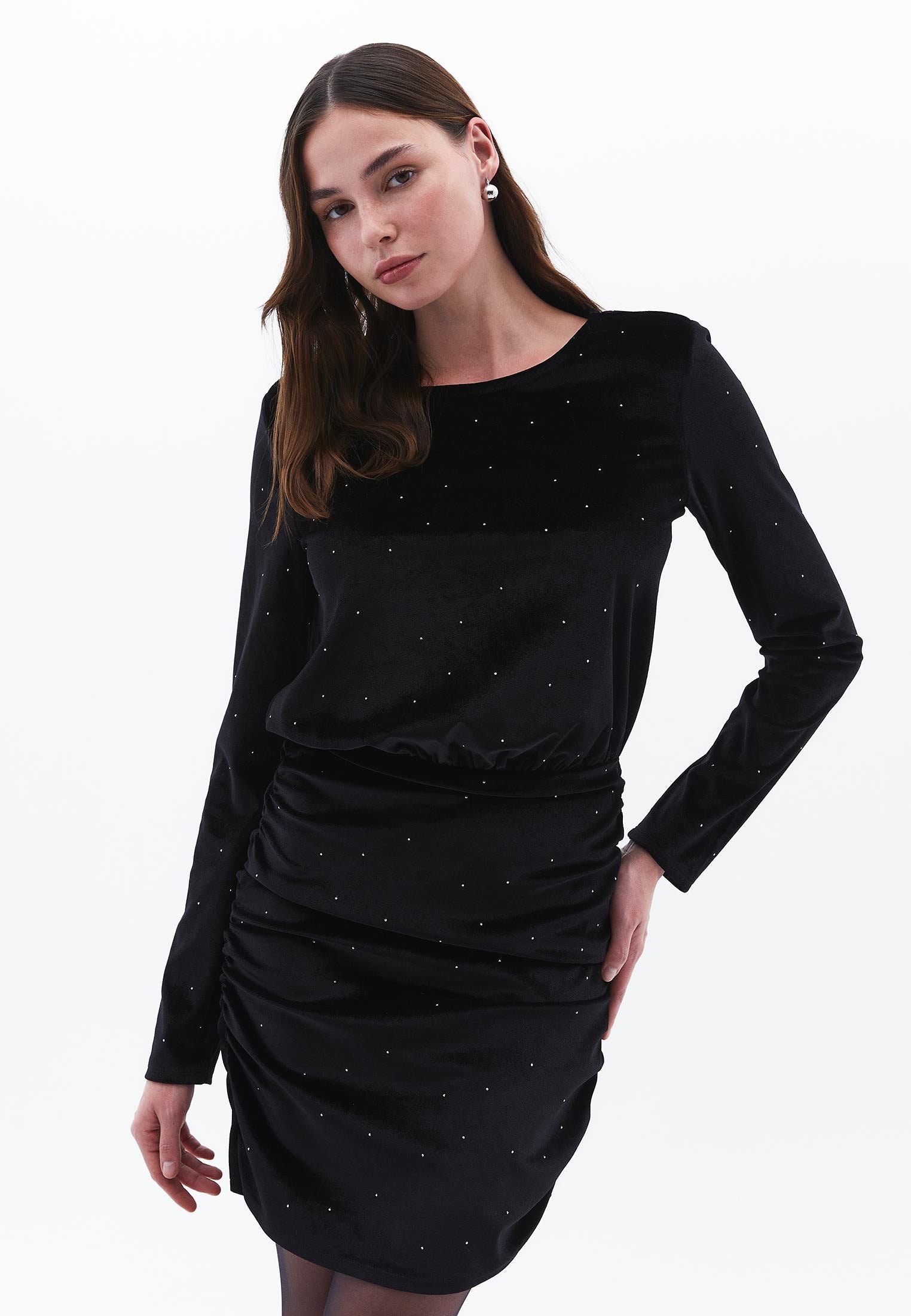 Short Dress With Ruched Crew Neck - BLACK