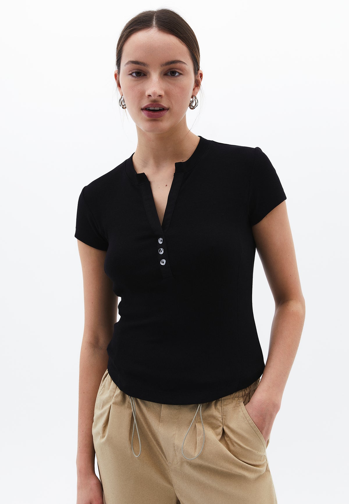 Button Detailed T-Shirt - BLACK