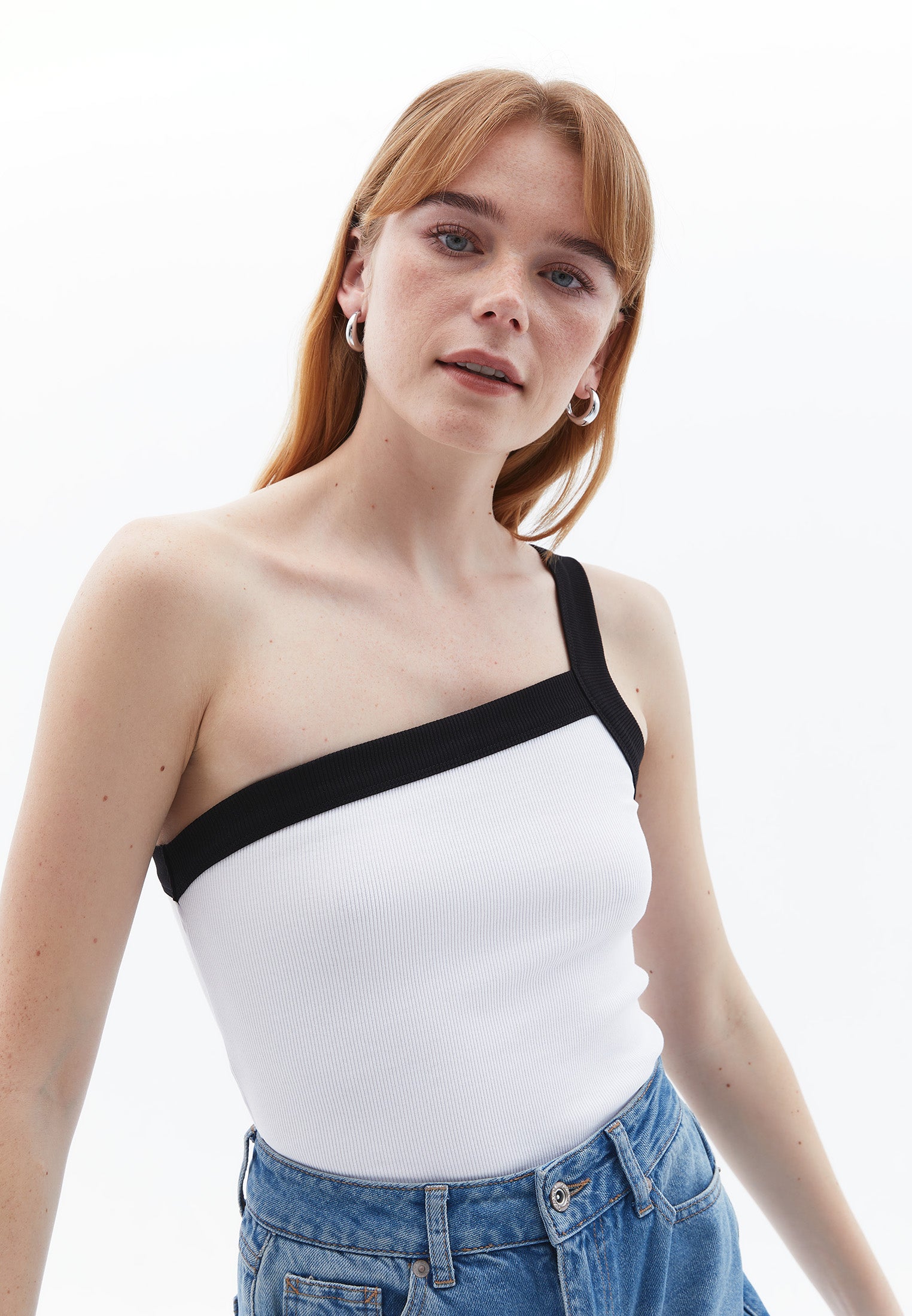 One Shoulder Asymmetric Tank Top - WHITE/BLACK