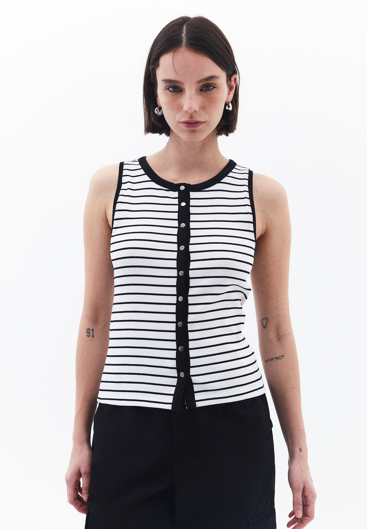 Crew Neck Striped Tank Top - WHITE/BLACK