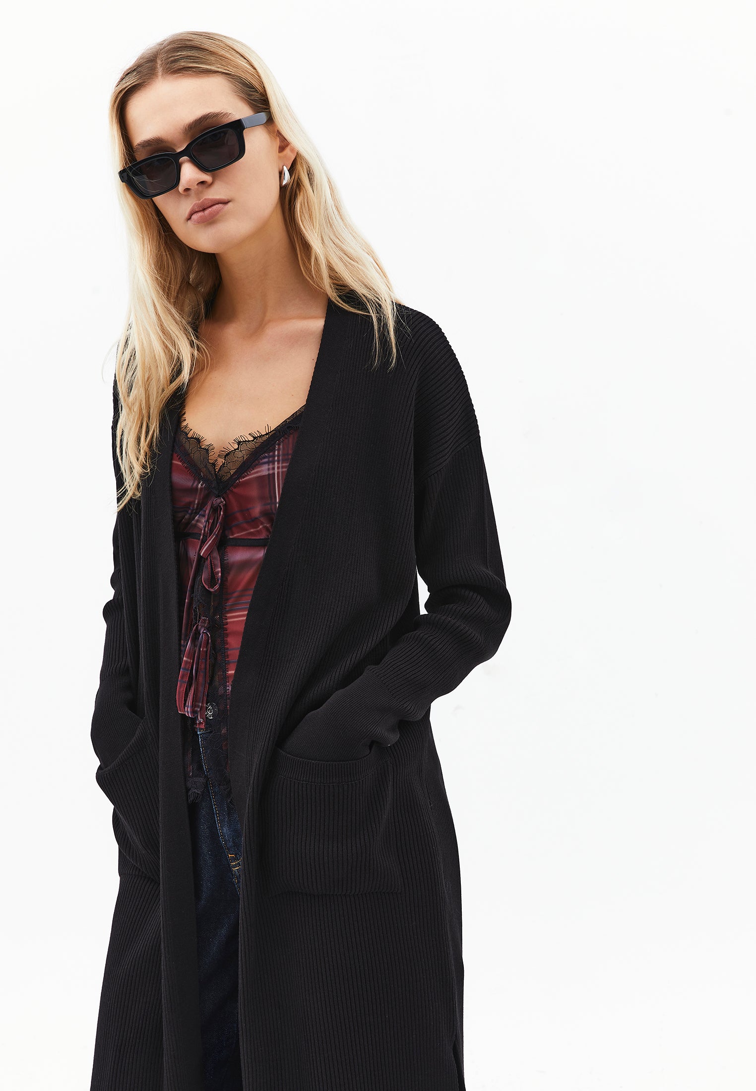 Ribbed Long Sleeve Cardigan - BLACK