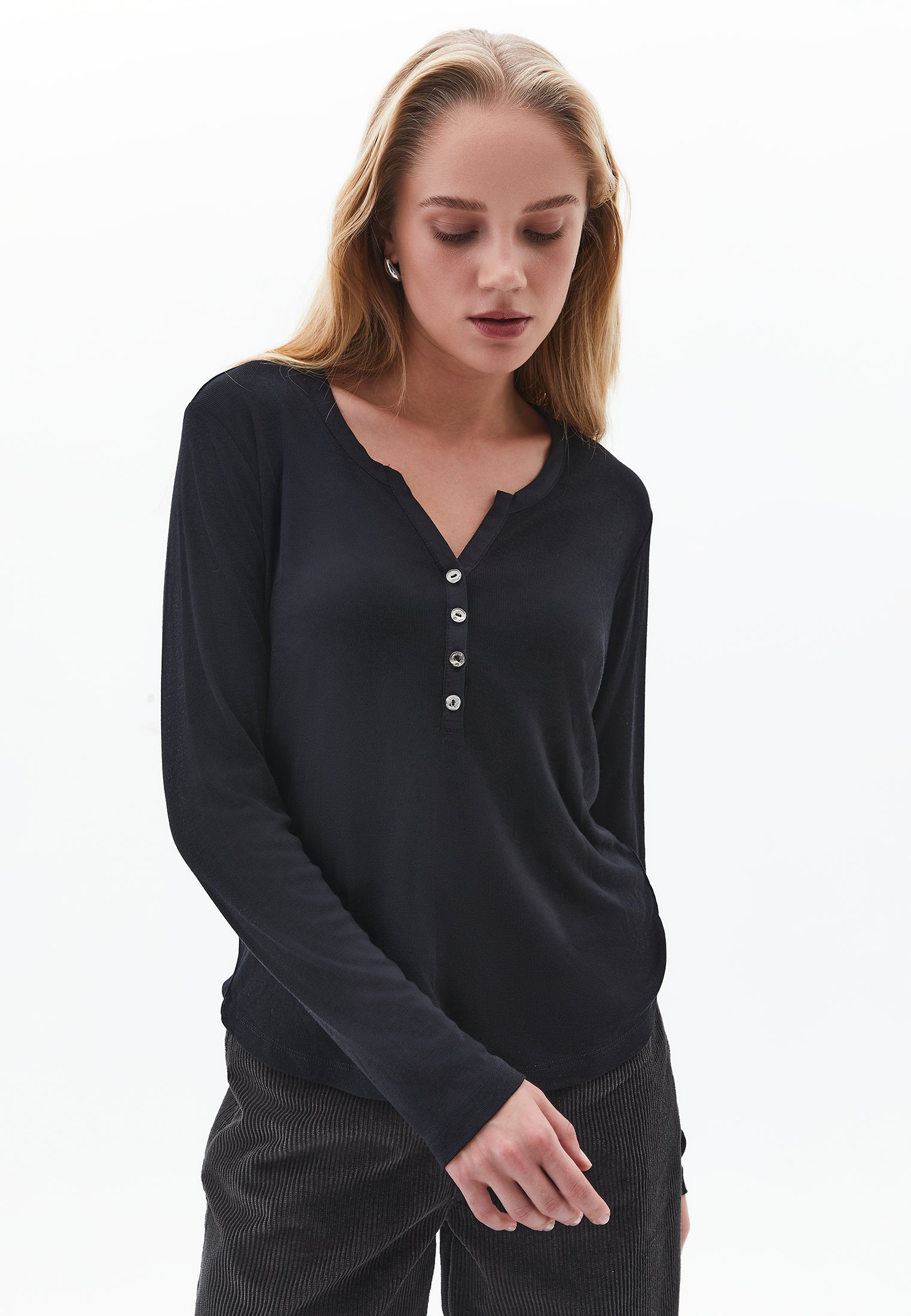 Polo Collar Buttoned T-Shirt - BLACK