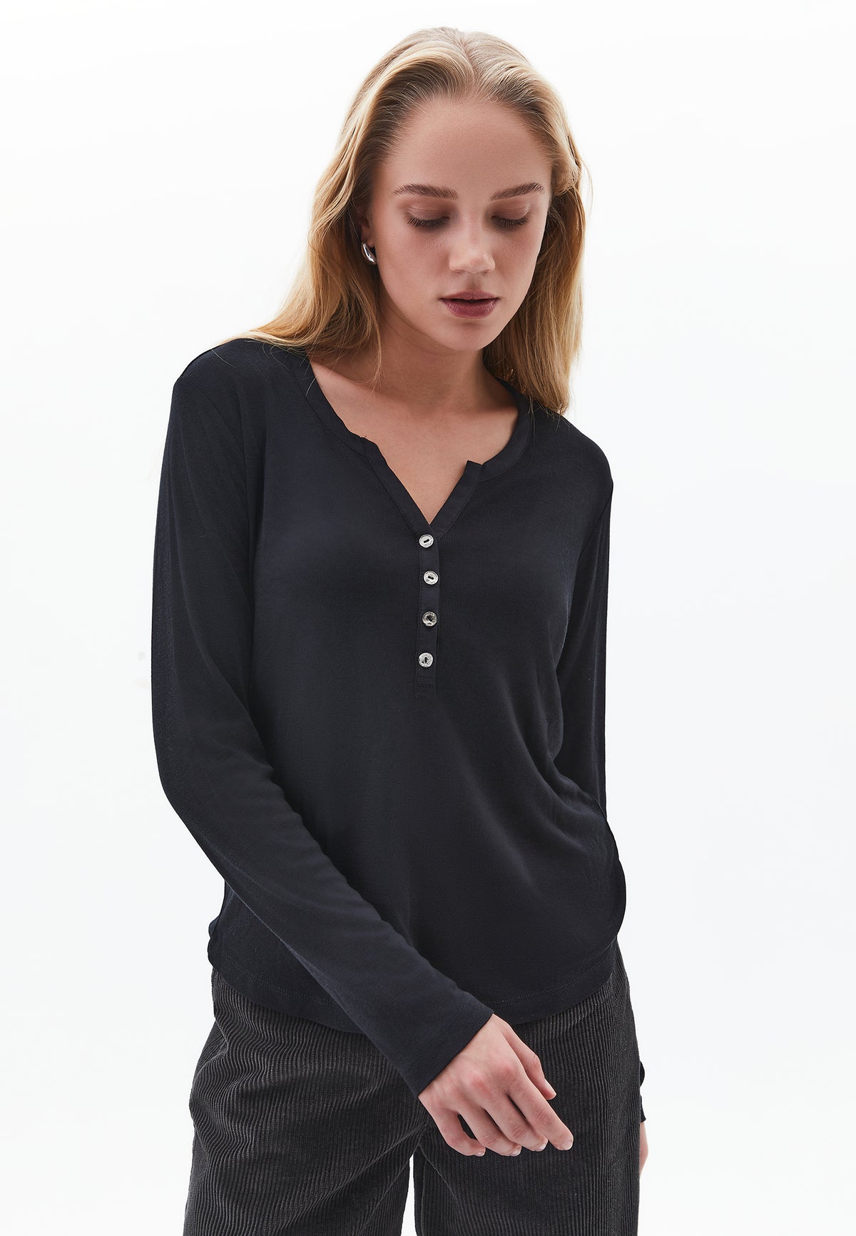 Polo Collar Buttoned T-Shirt - BLACK