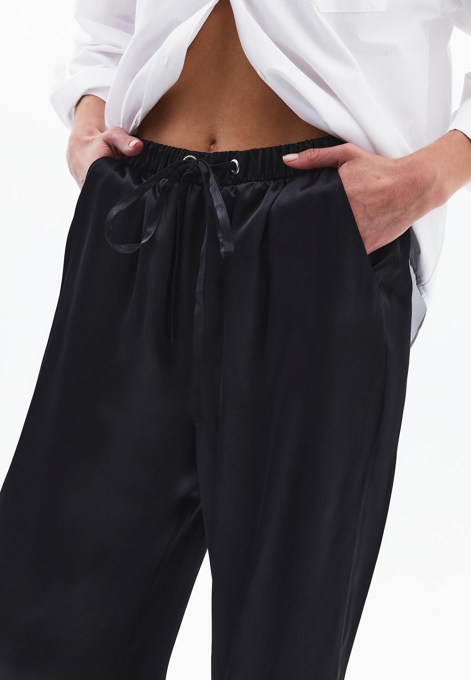 Wide Leg High Waist Elastic Waistband Trouser - BLACK