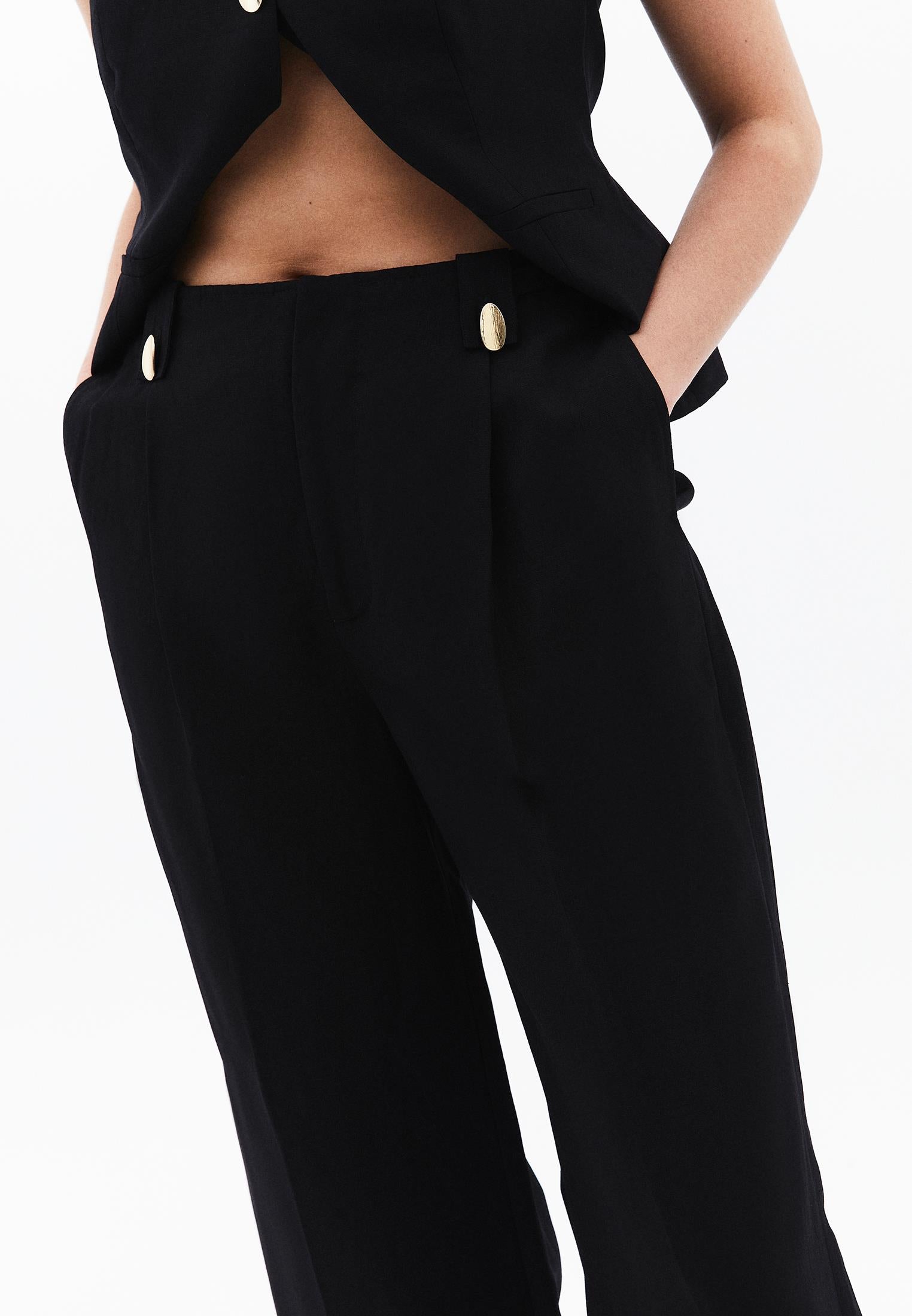 Wide Leg High Waist Button Detailed Pants - BLACK