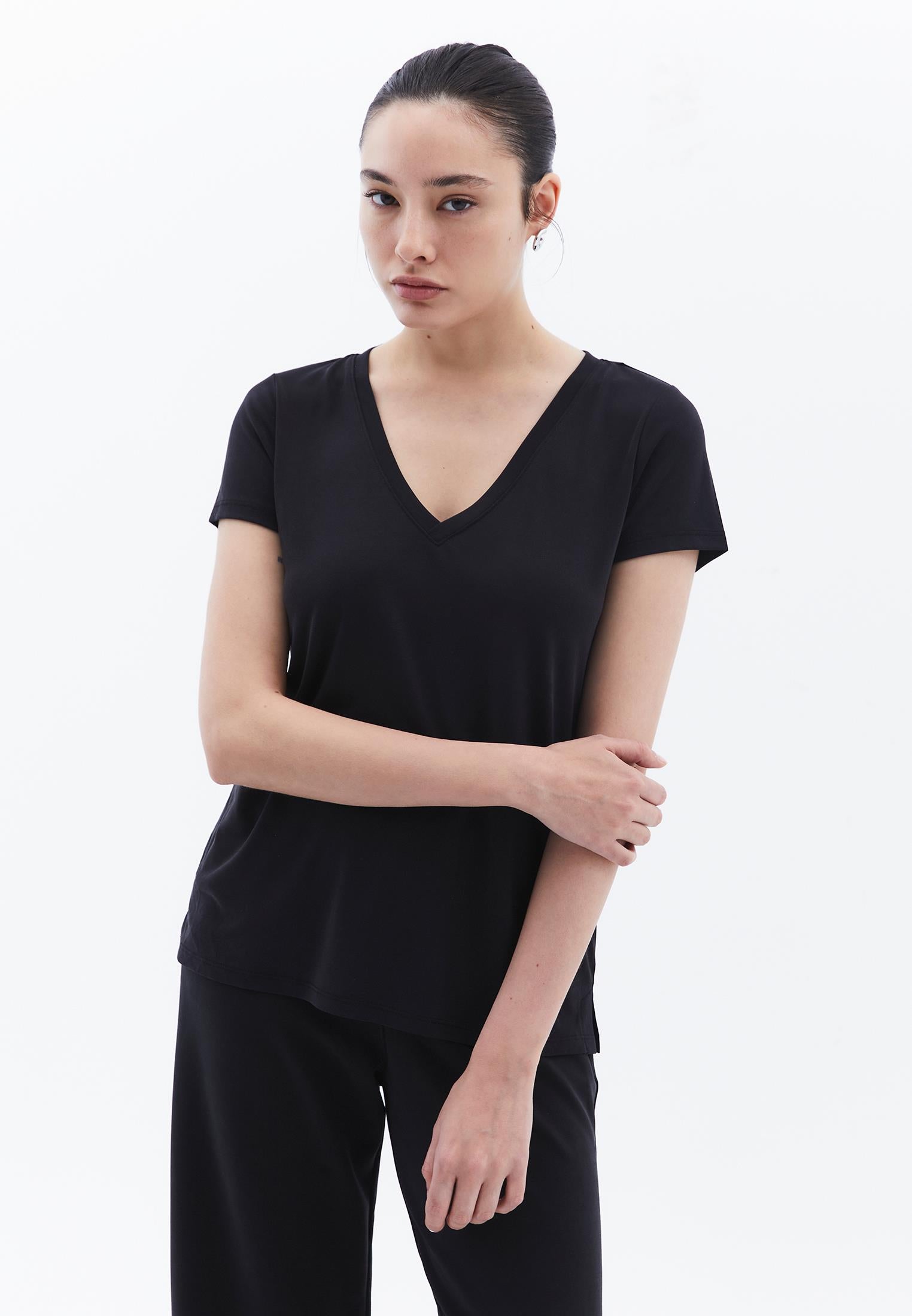 V Neck Short Sleeve T-Shirt - BLACK