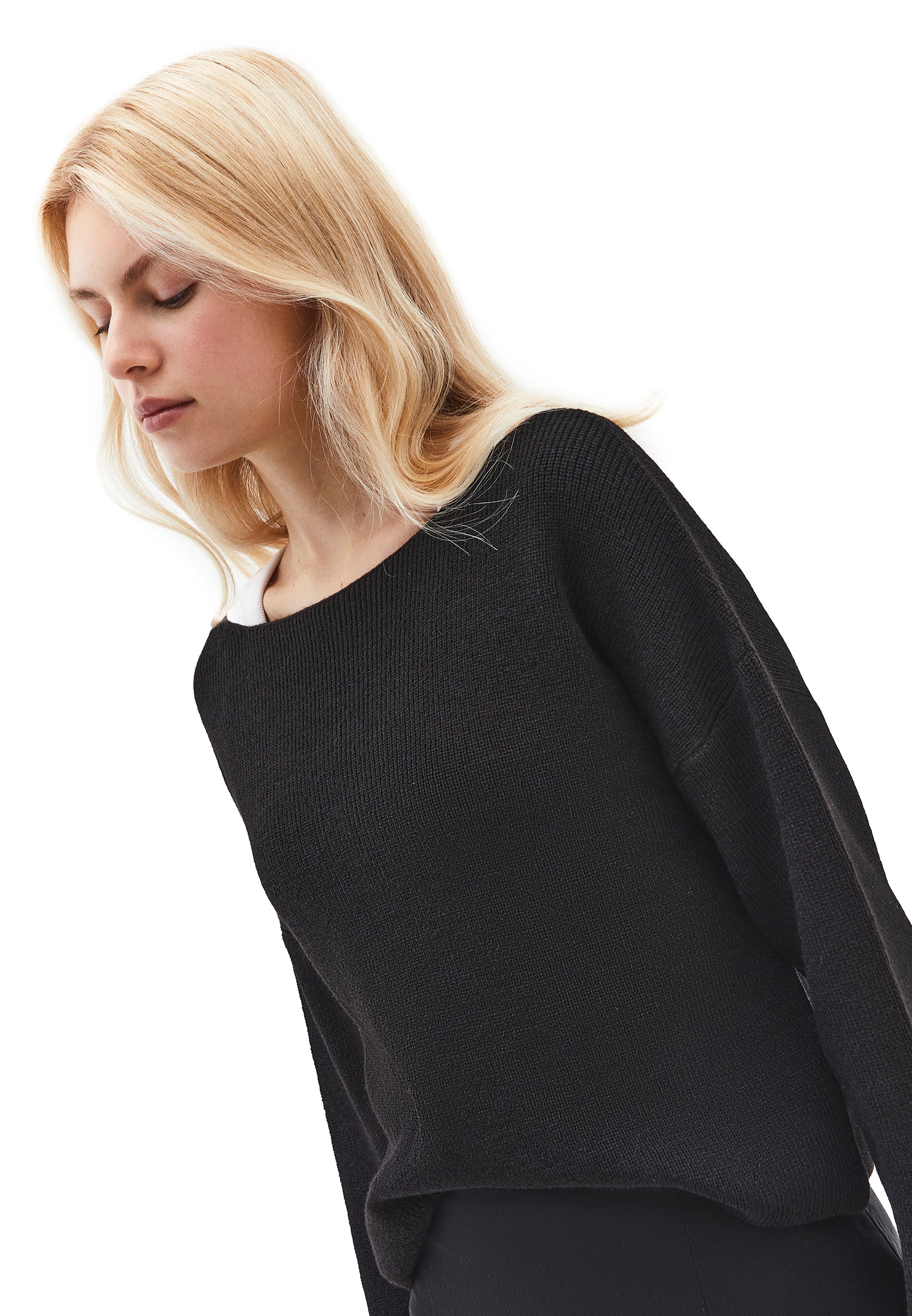 Boat Neck Long Sleeve Sweater - BLACK