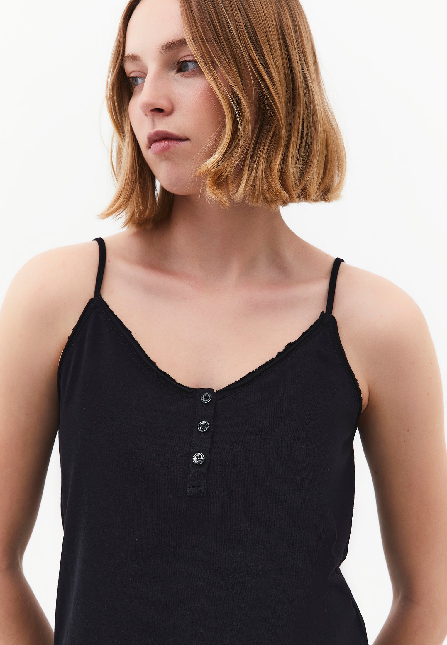 Loose V-Neck Top With Button Details - BLACK