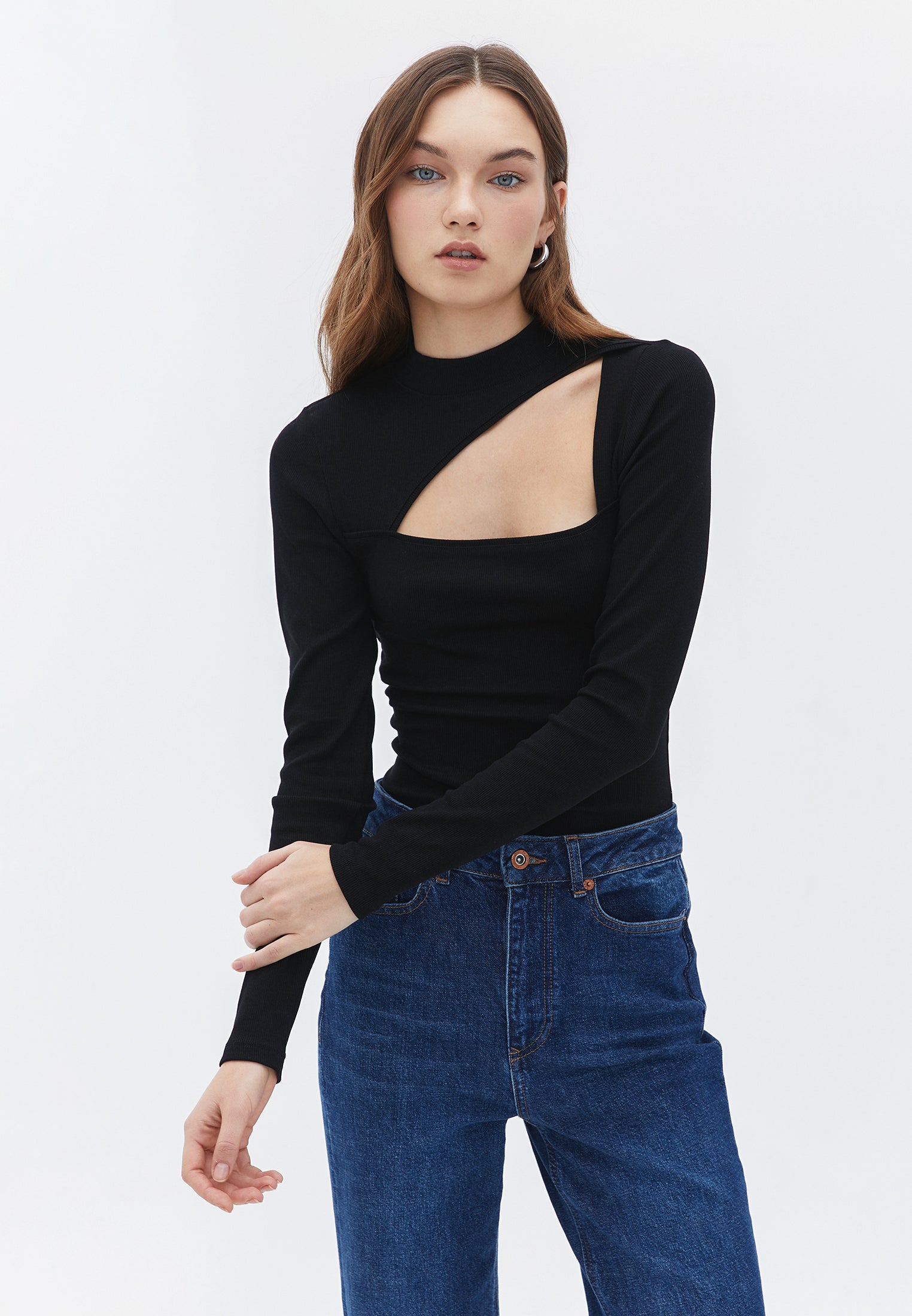 High Neck Long Sleeve Bodycon T-Shirt - BLACK