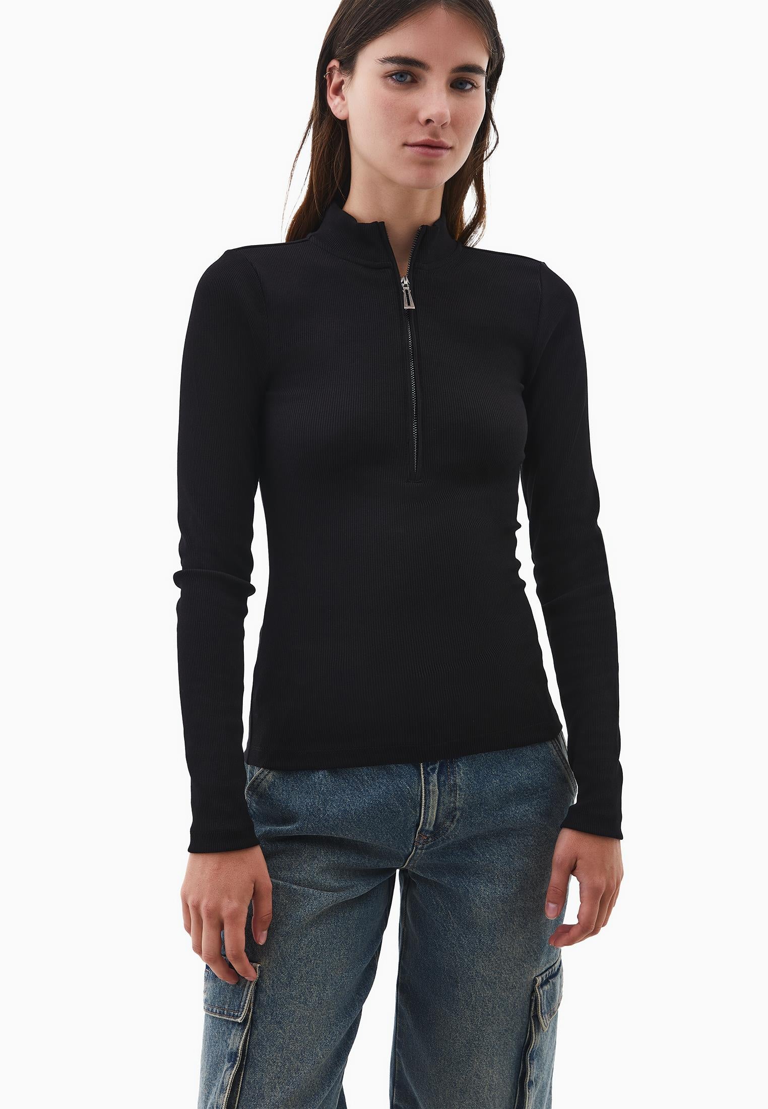 High Neck T-Shirt With Zipper Detail - BLACK