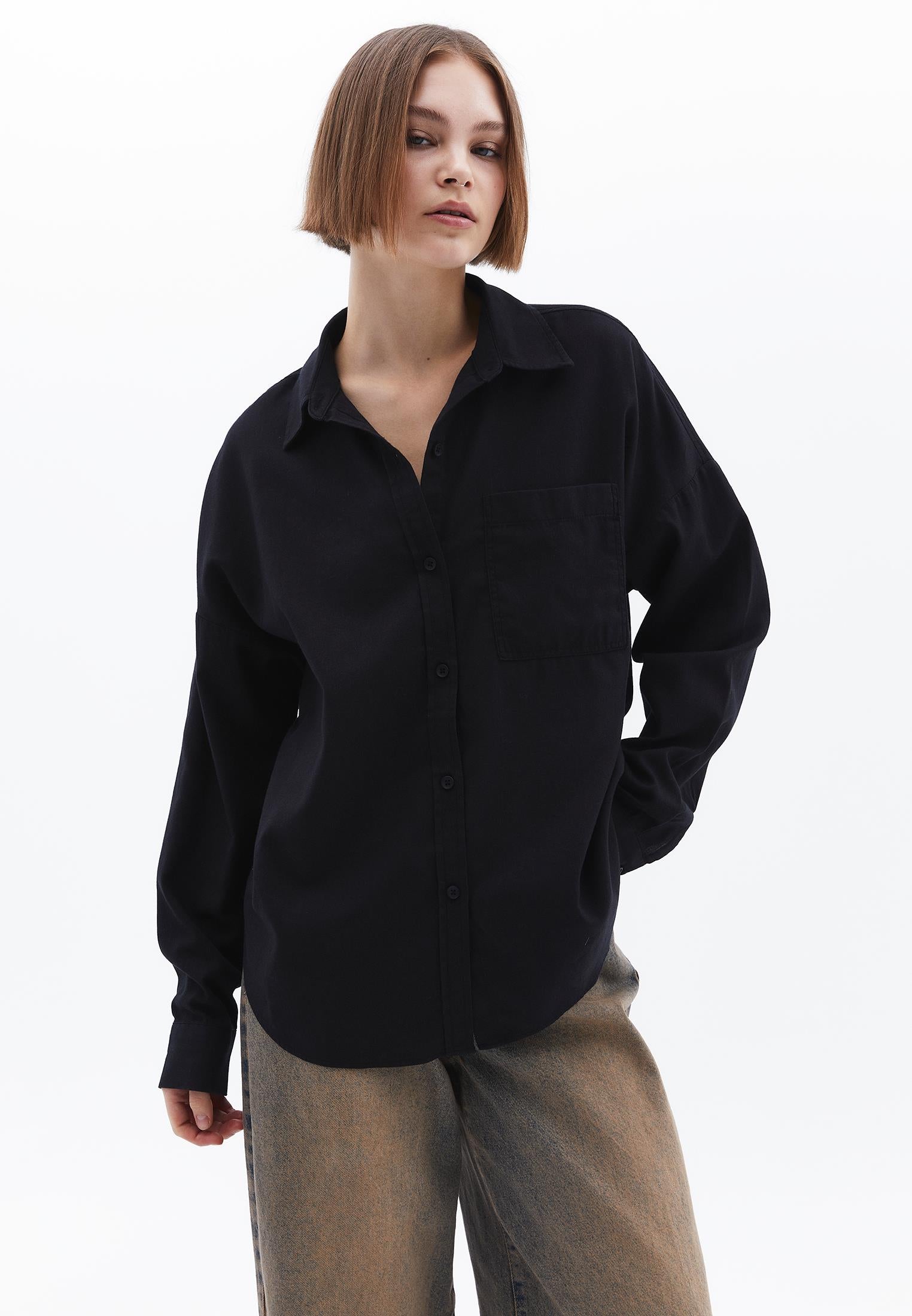 Shirt Collar Buttoned Oversize Long Sleeve Shirt - BLACK
