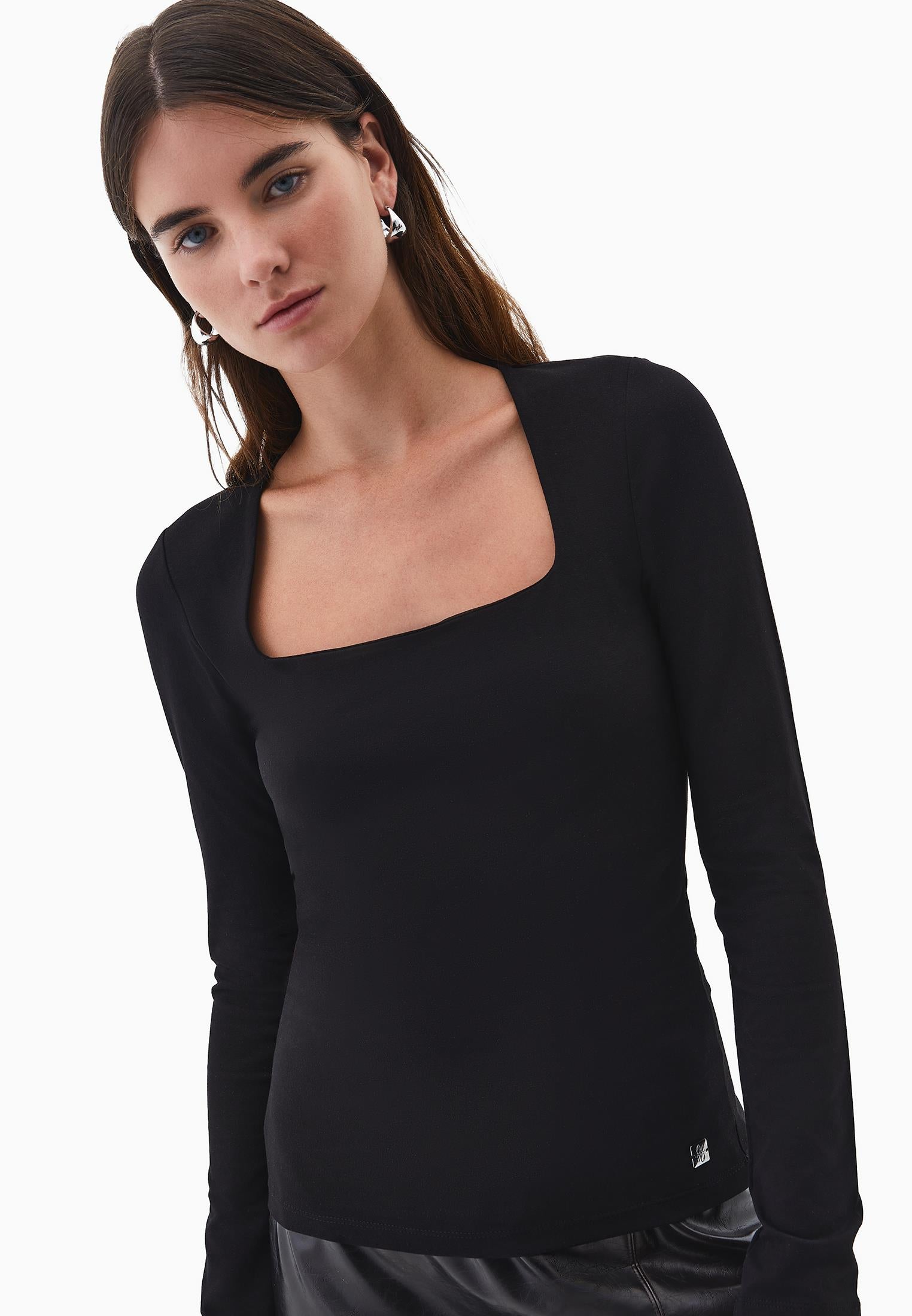 Square Neck Modal T-Shirt - BLACK