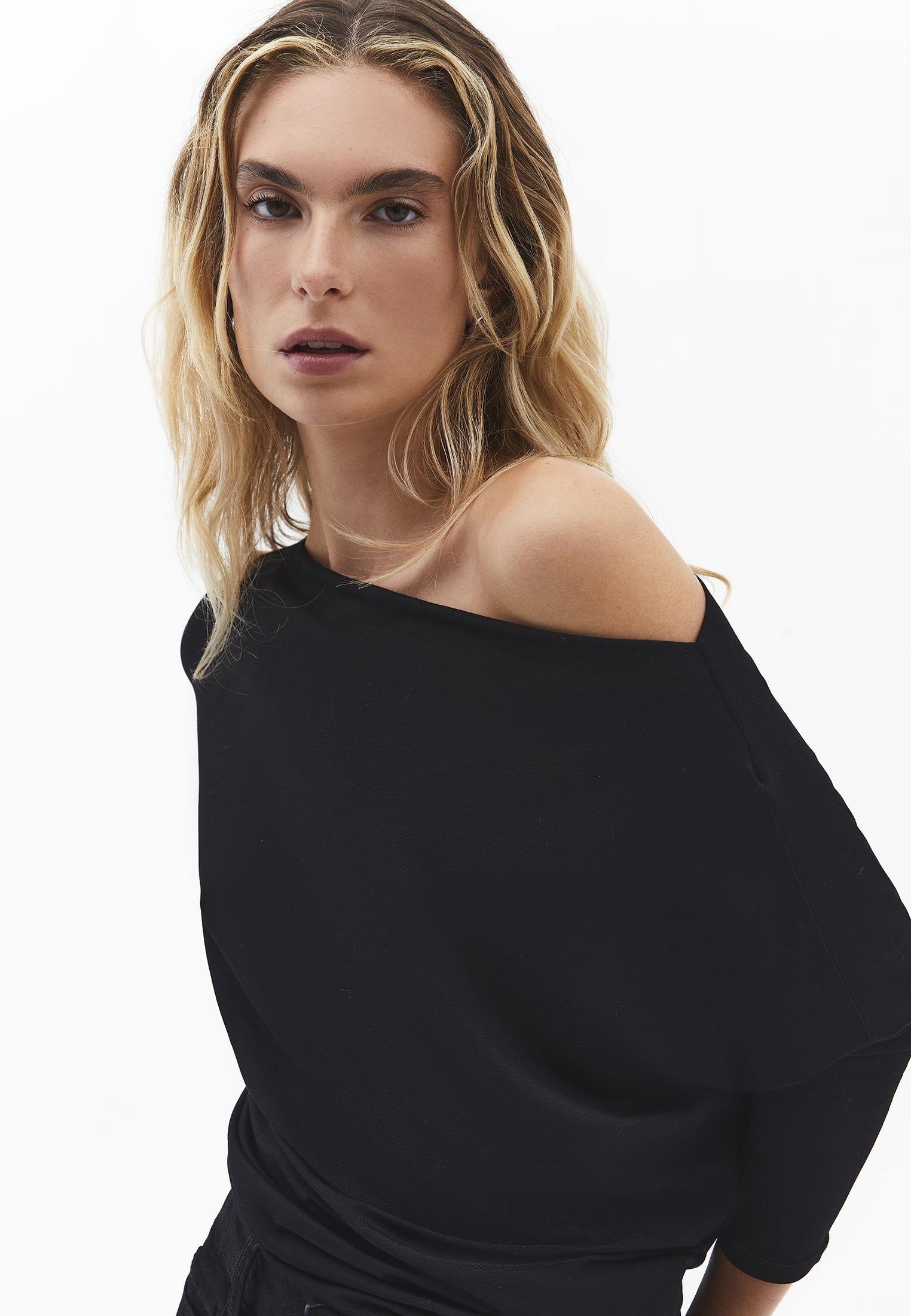 Asymmetric Neck Batwing Sleeve T-Shirt - BLACK