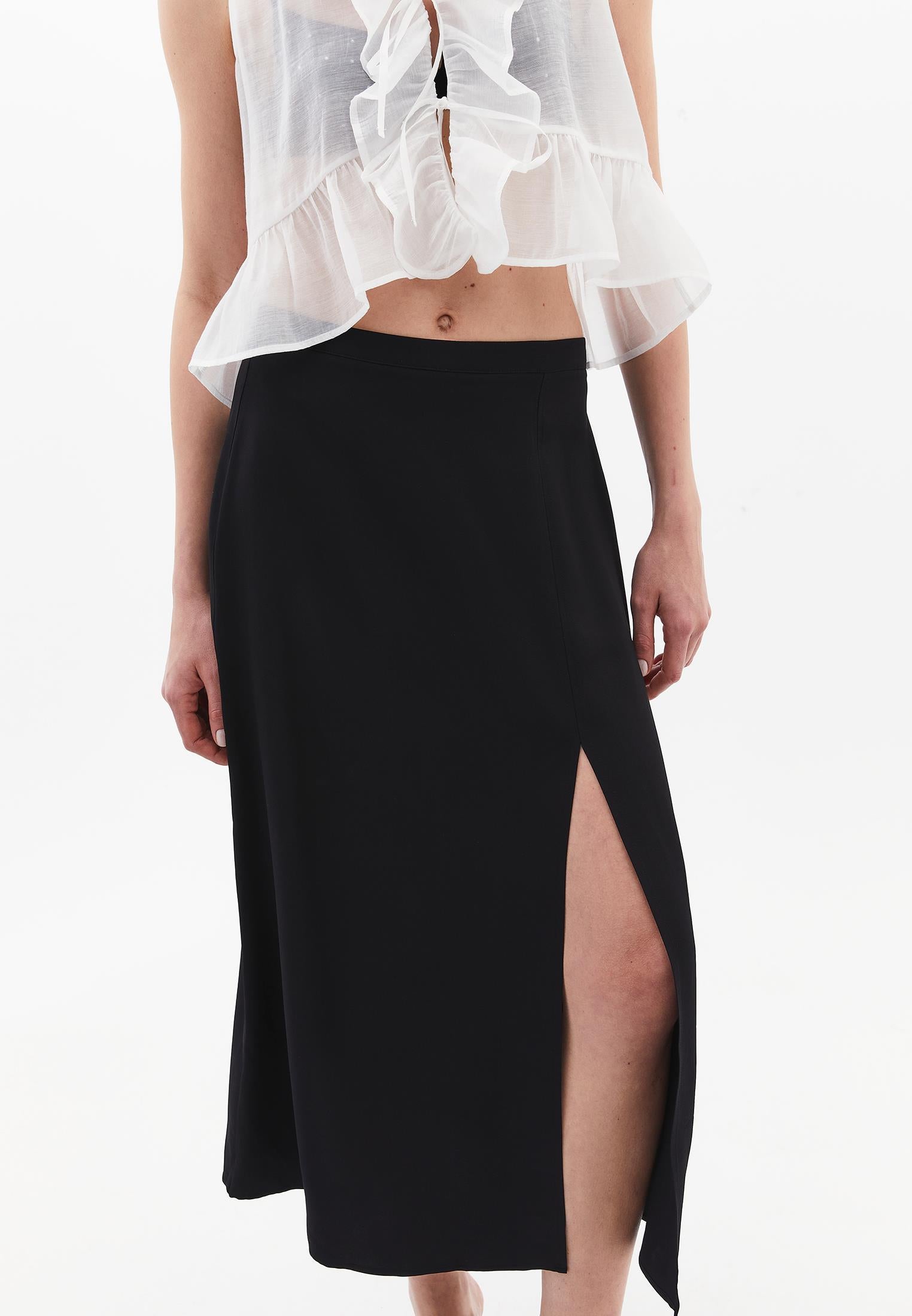 Slit Detailed A-Line Midi High Waist Skirt - BLACK