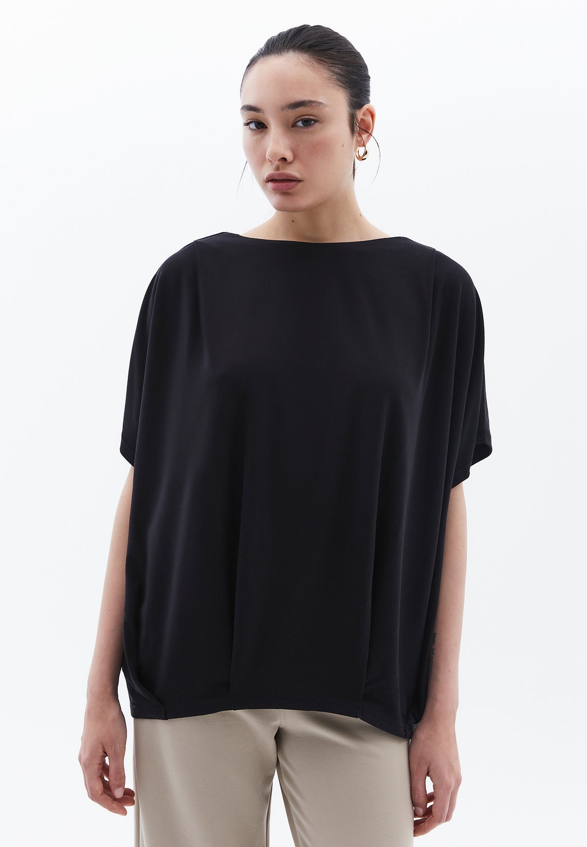Boat Neck Batwing Sleeve Oversize Tunic T-Shirt - BLACK