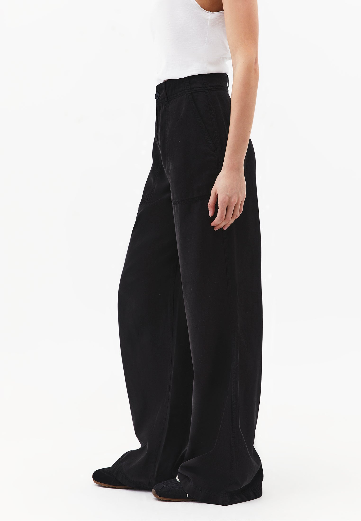 Woven Trousers With Pockets, High Waist And Wide Leg - BLACK