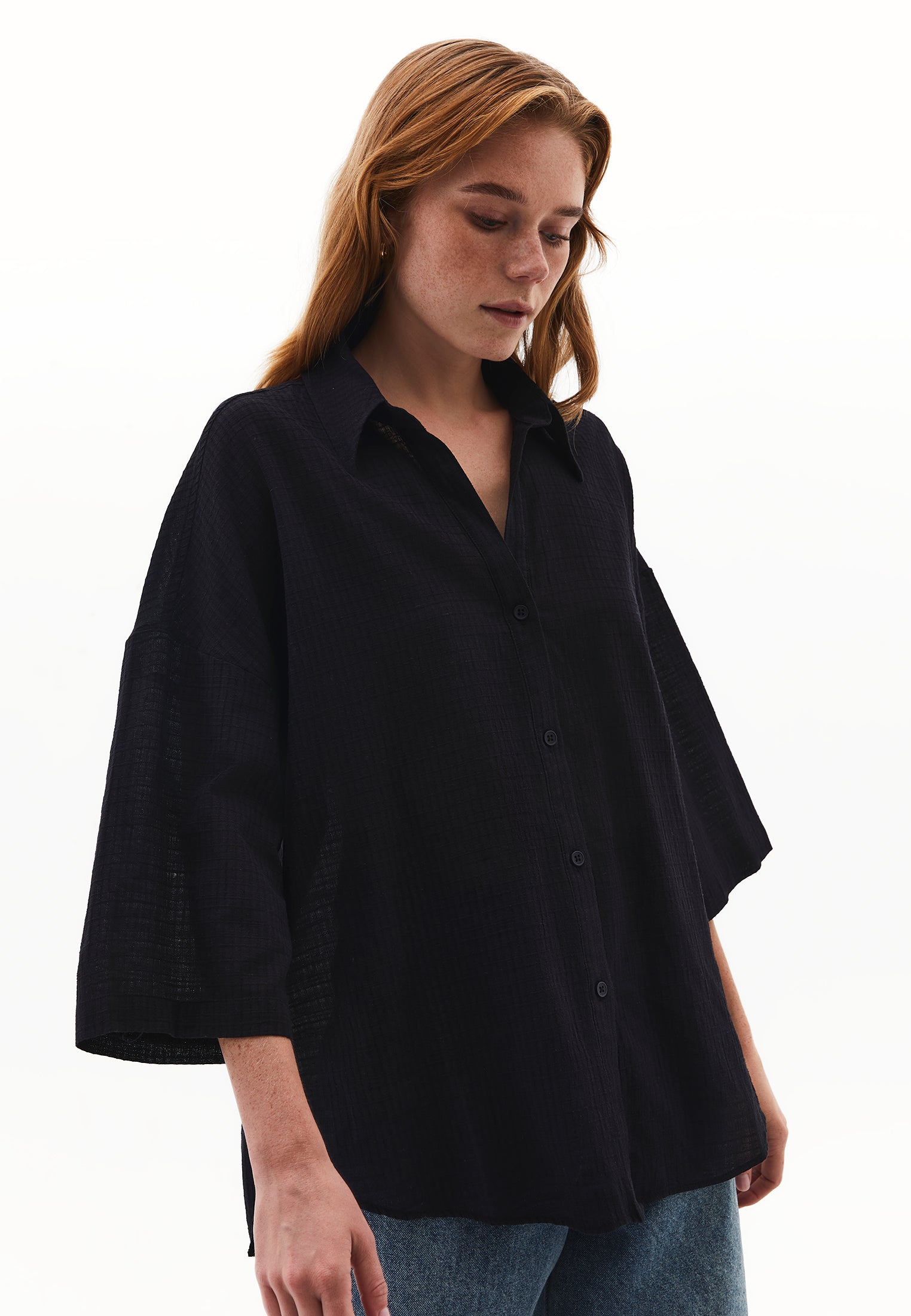 Shirt Collar Oversize Button Detailed Standard Shirt - BLACK