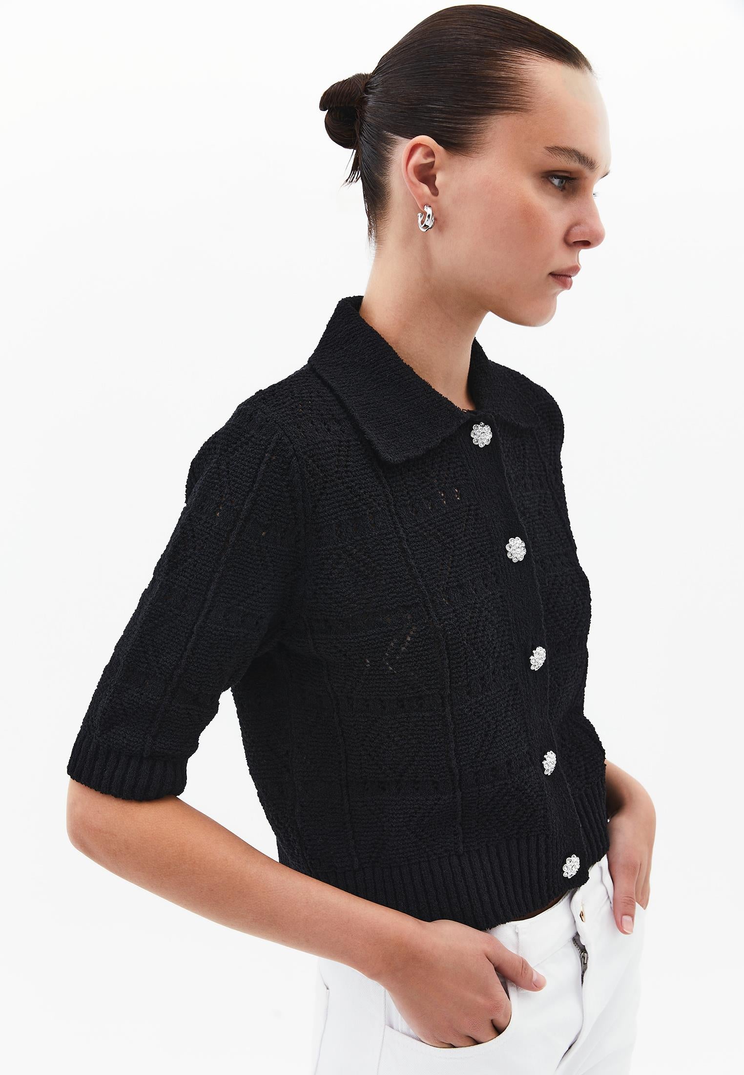 Ajour Short Cardigan With Polo Collar - BLACK