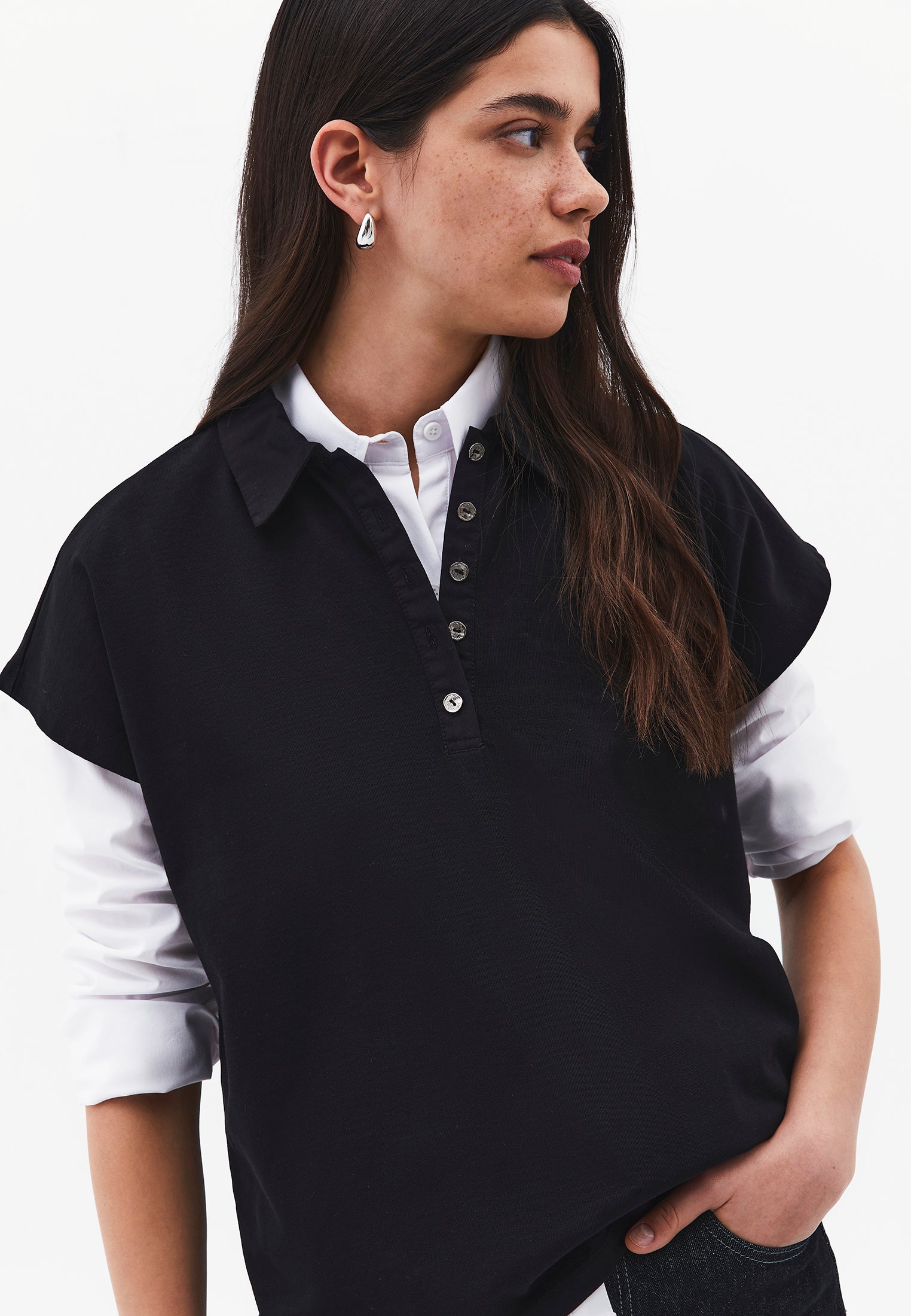 Button Detailed Polo Neck T-Shirt - BLACK