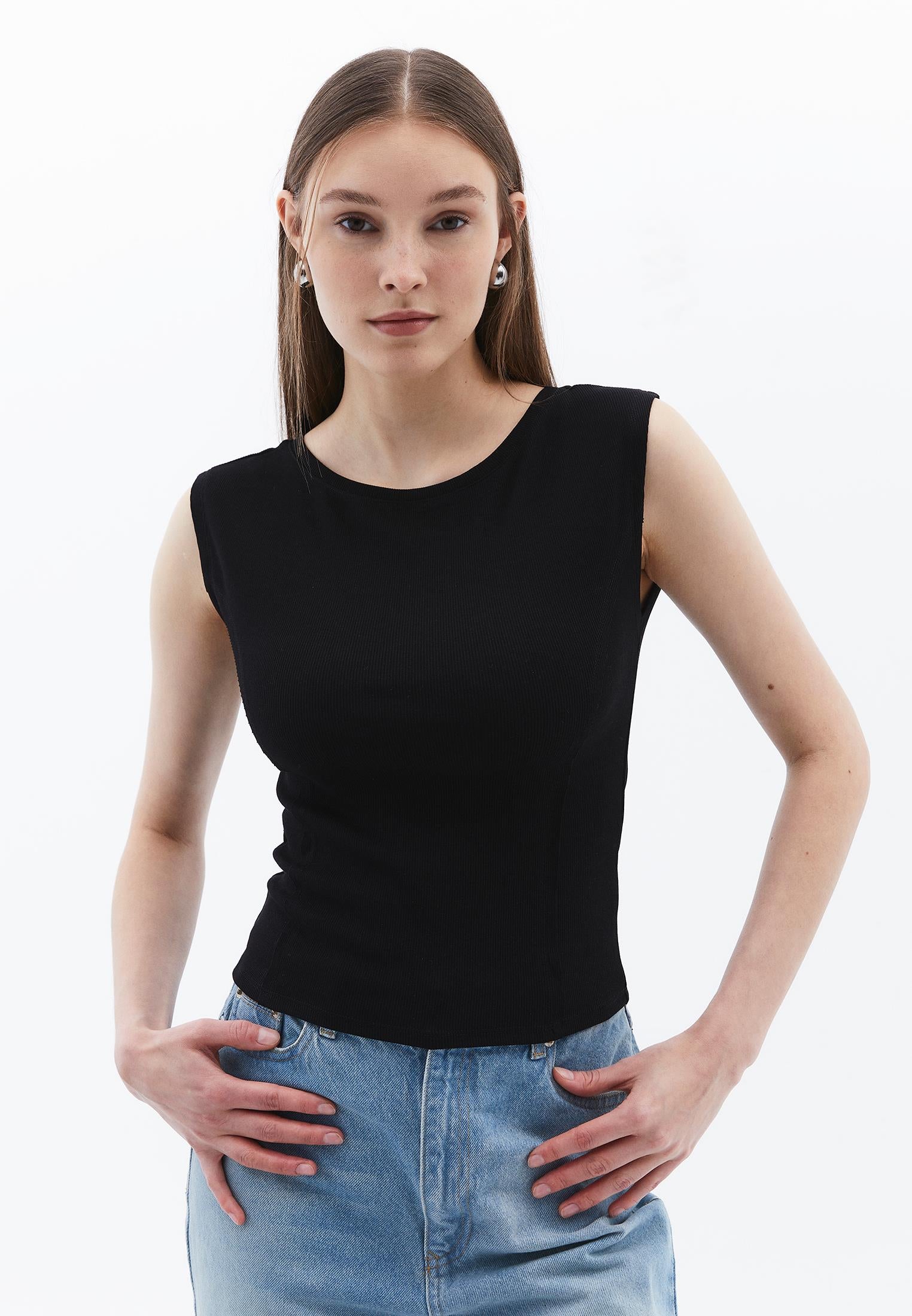 Boat Neck Short Sleeve T-Shirt - BLACK
