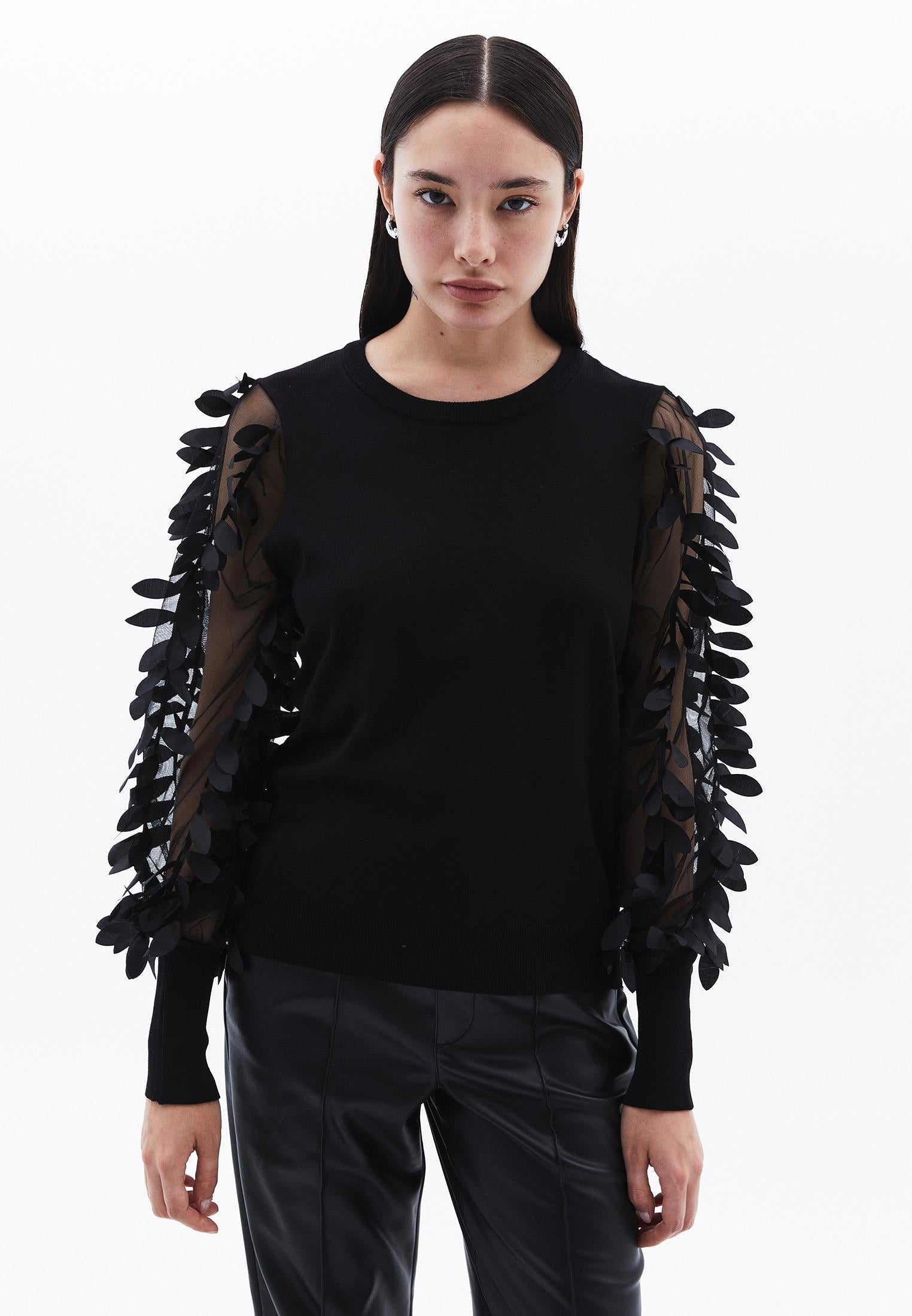 Transparent Crew Neck Standard Knit Sweater - BLACK