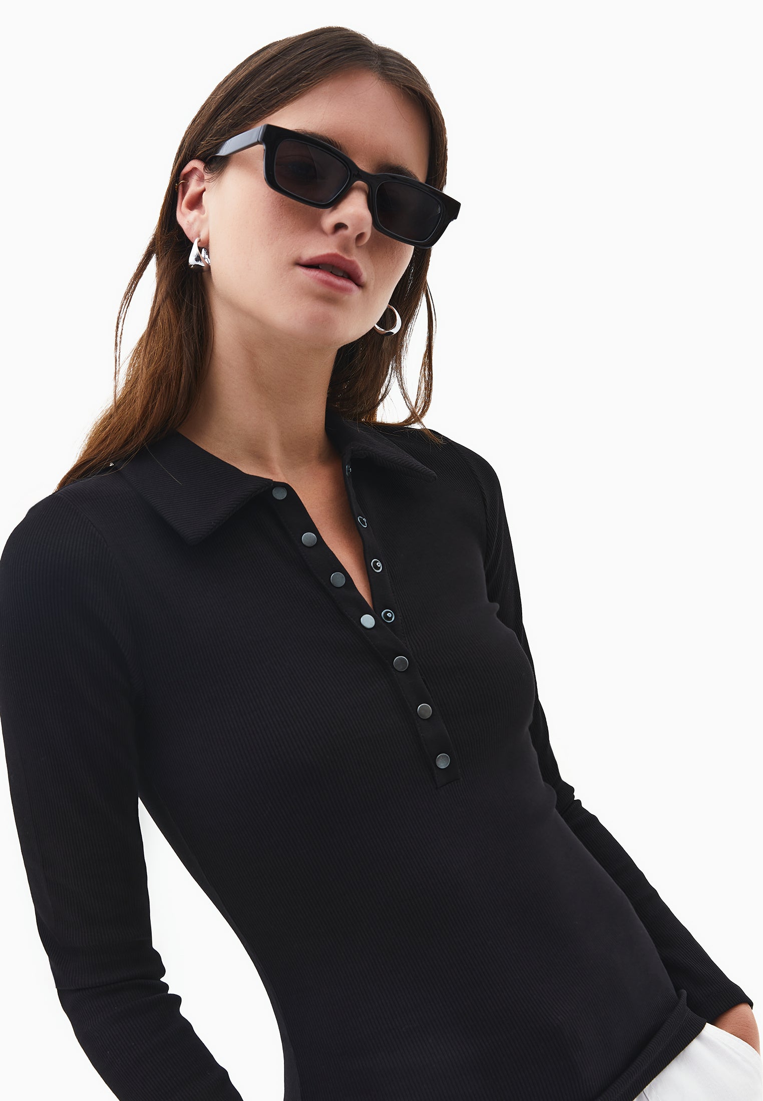 Polo Collar Long Sleeve Bodycon T-Shirt - BLACK