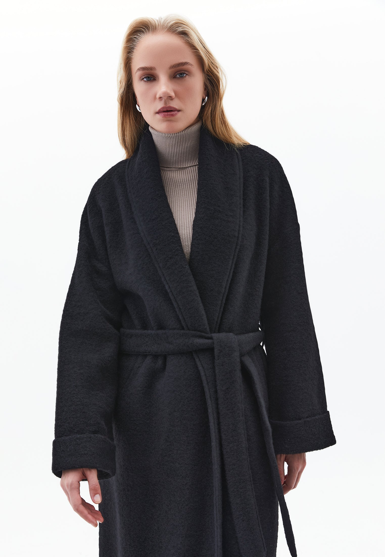 Long Coat With Shawl Collar And Belt Detail - BLACK