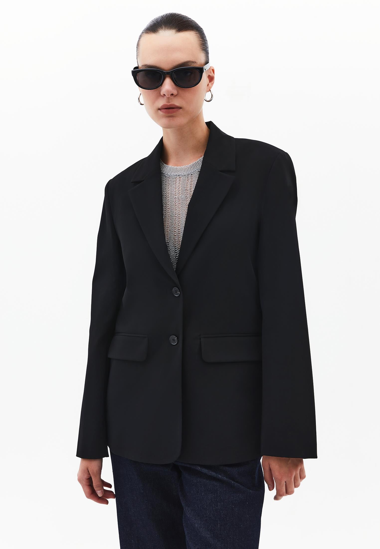 Oversize Blazer With Button Details - BLACK